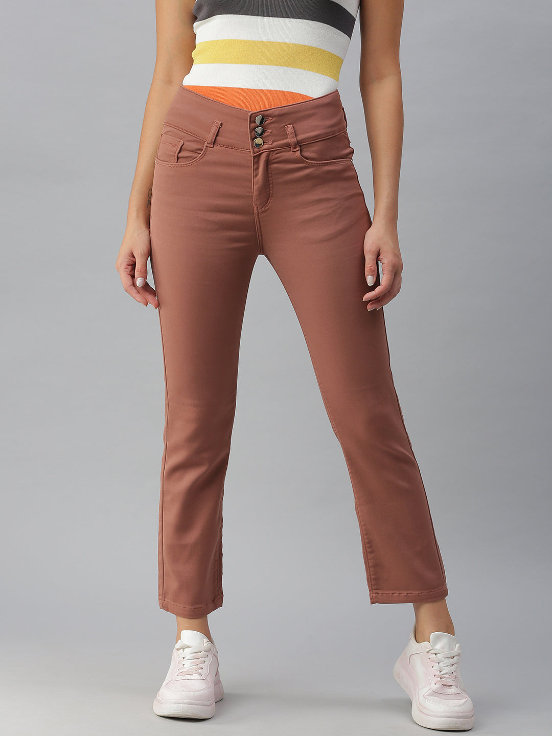 Women's Taupe Solid Straight Fit Denim Jeans