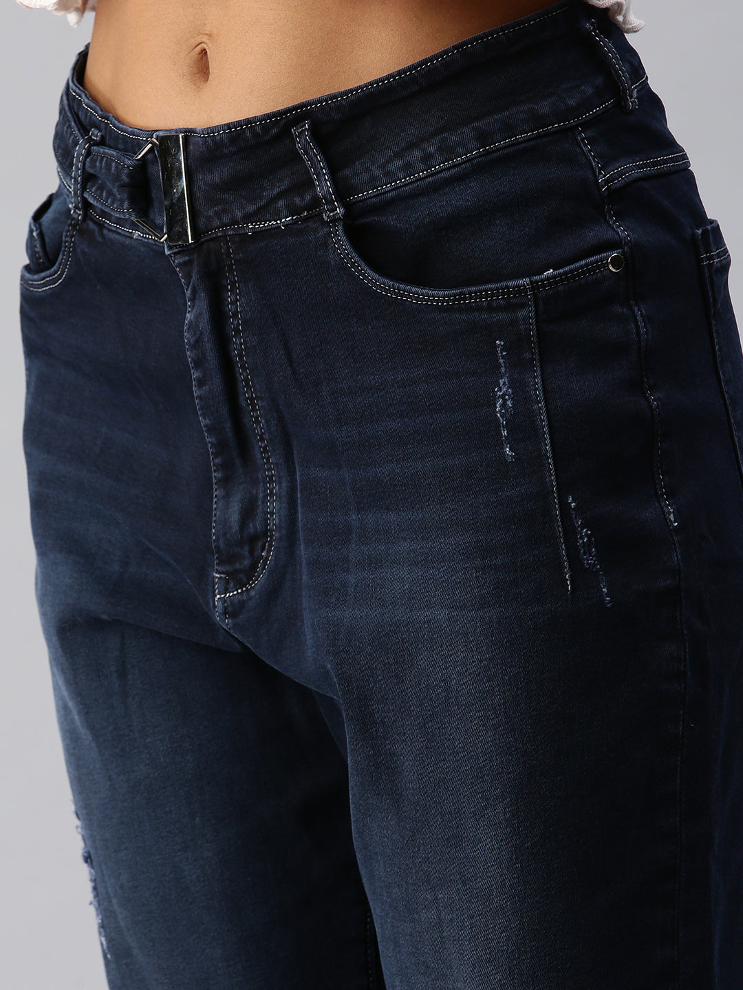 Women's Blue Straight Fit High-Rise Low Distress Light Fade Stretchable Denim Jeans