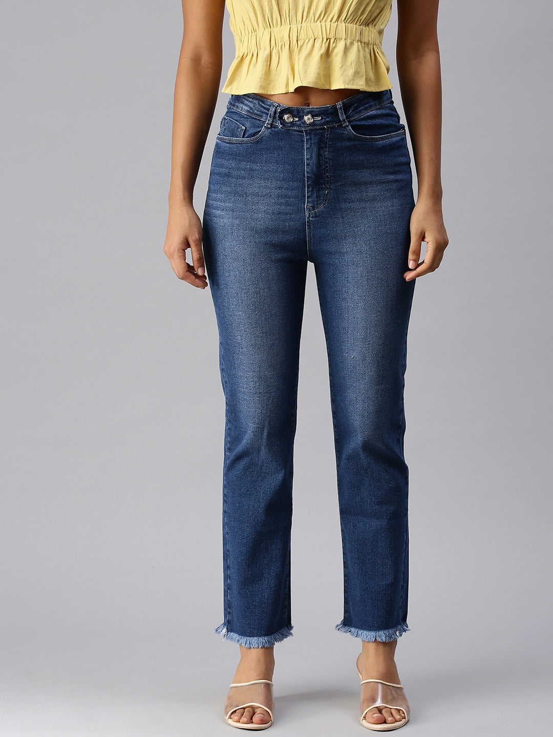 Women's Blue Solid Straight Fit Denim Jeans