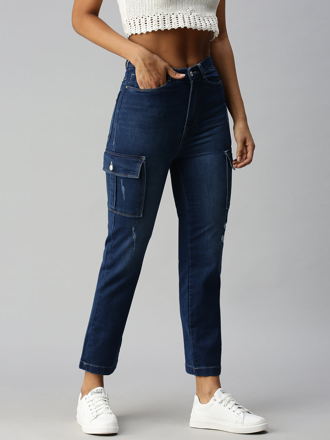 Women's Blue Solid Denim Straight Jeans