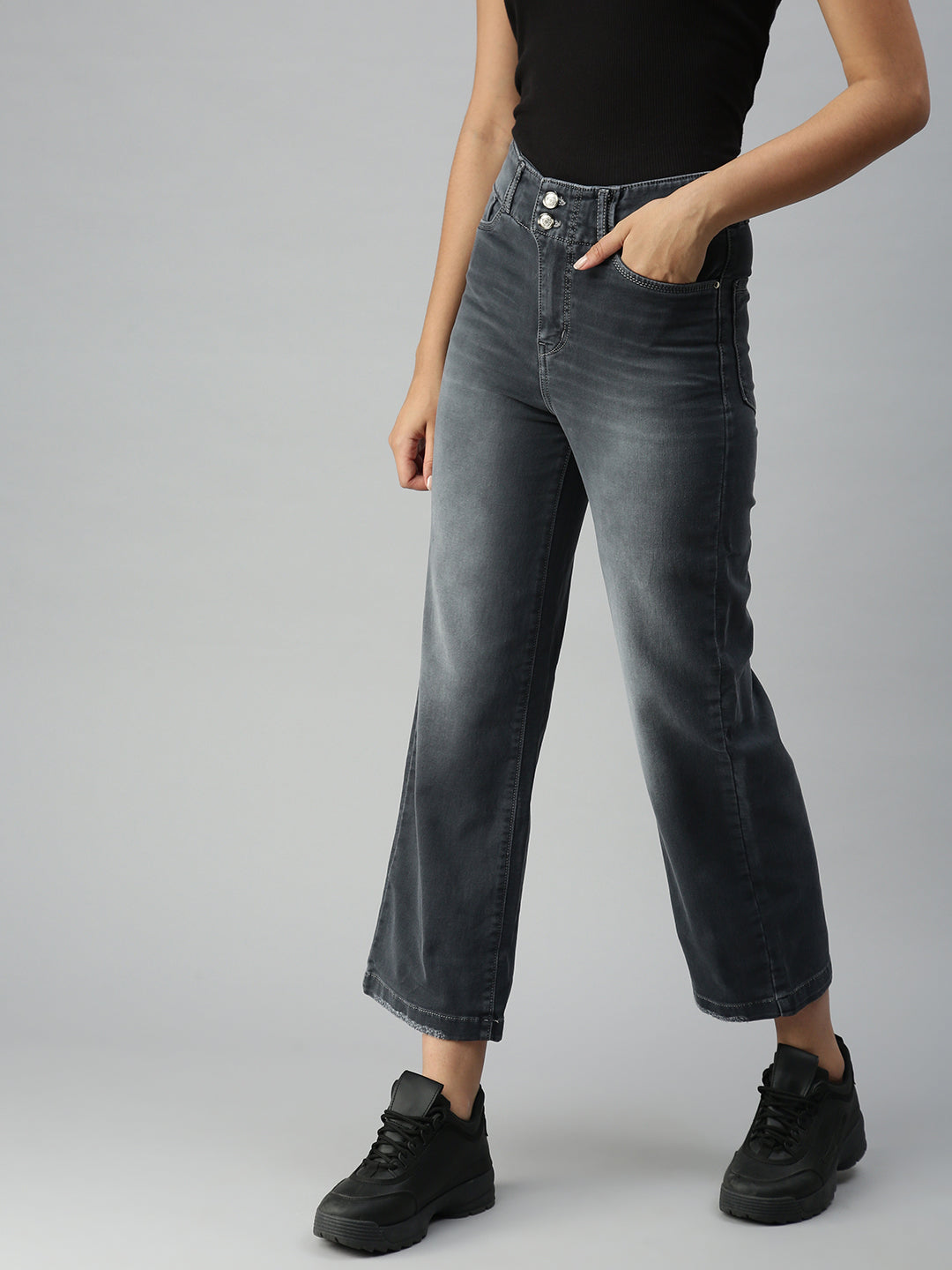 Women's Grey Solid Denim Wide Leg Jeans