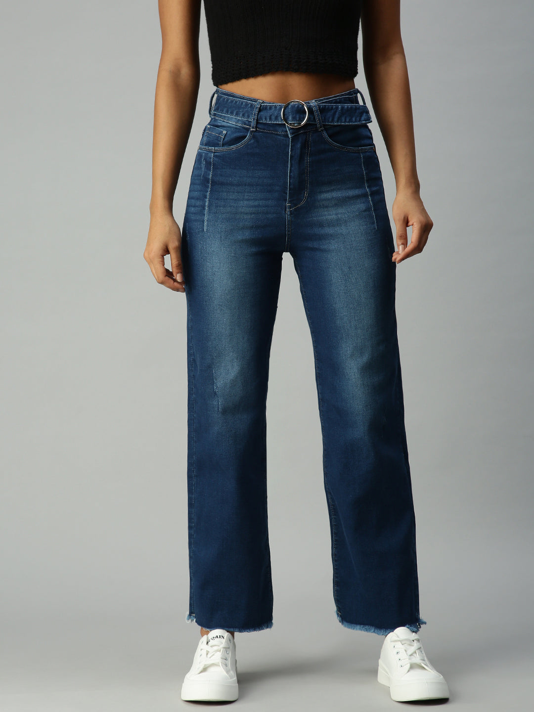 Women's Blue Solid Denim Wide Leg Jeans