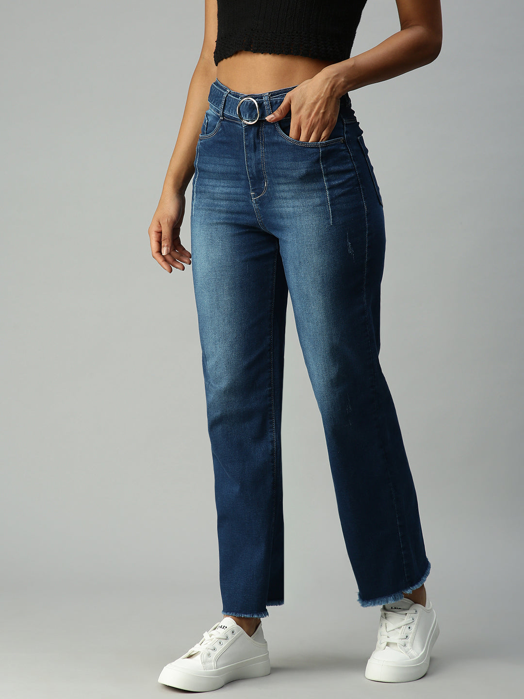 Women's Blue Solid Denim Wide Leg Jeans