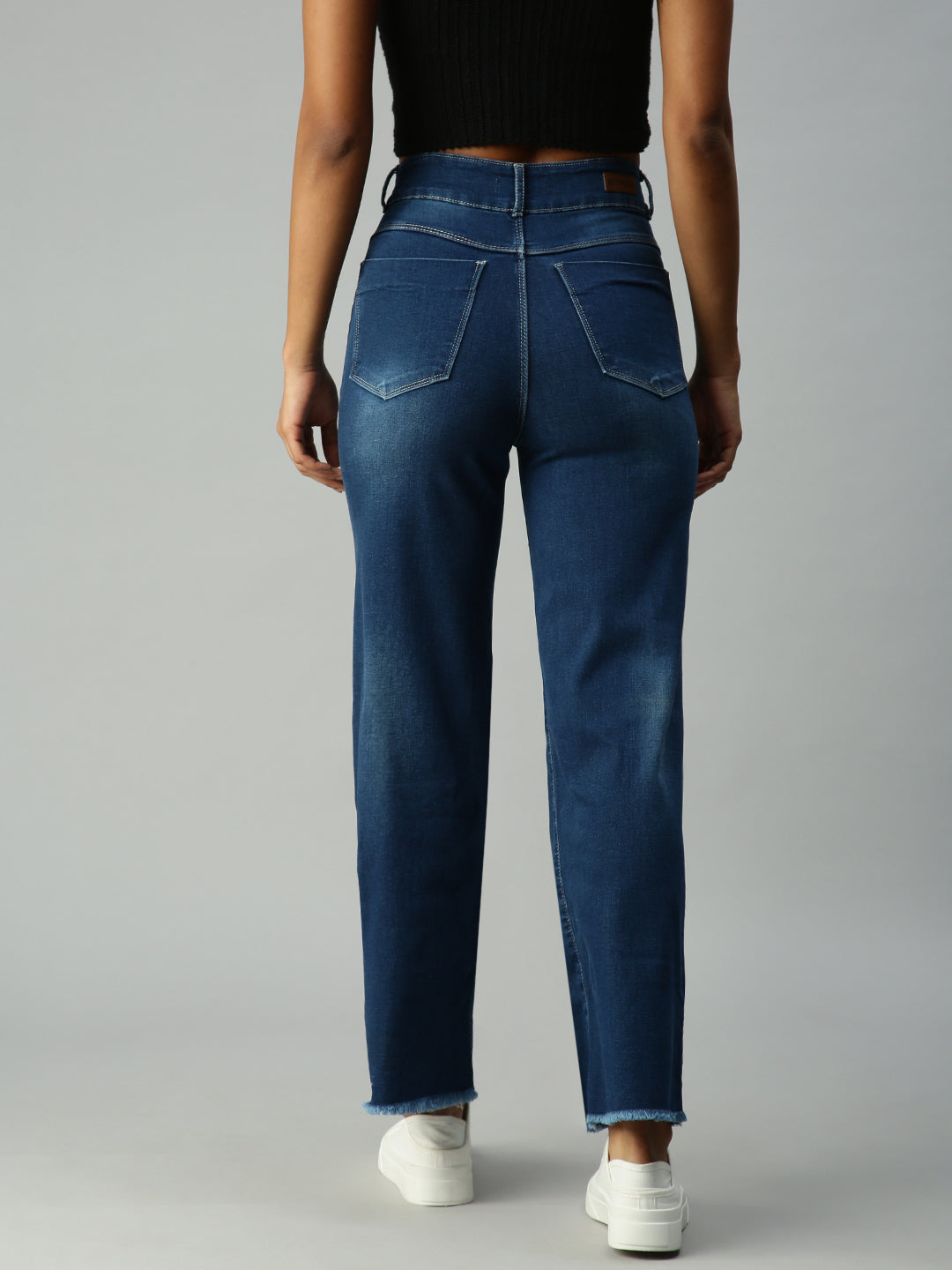 Women's Blue Solid Denim Wide Leg Jeans