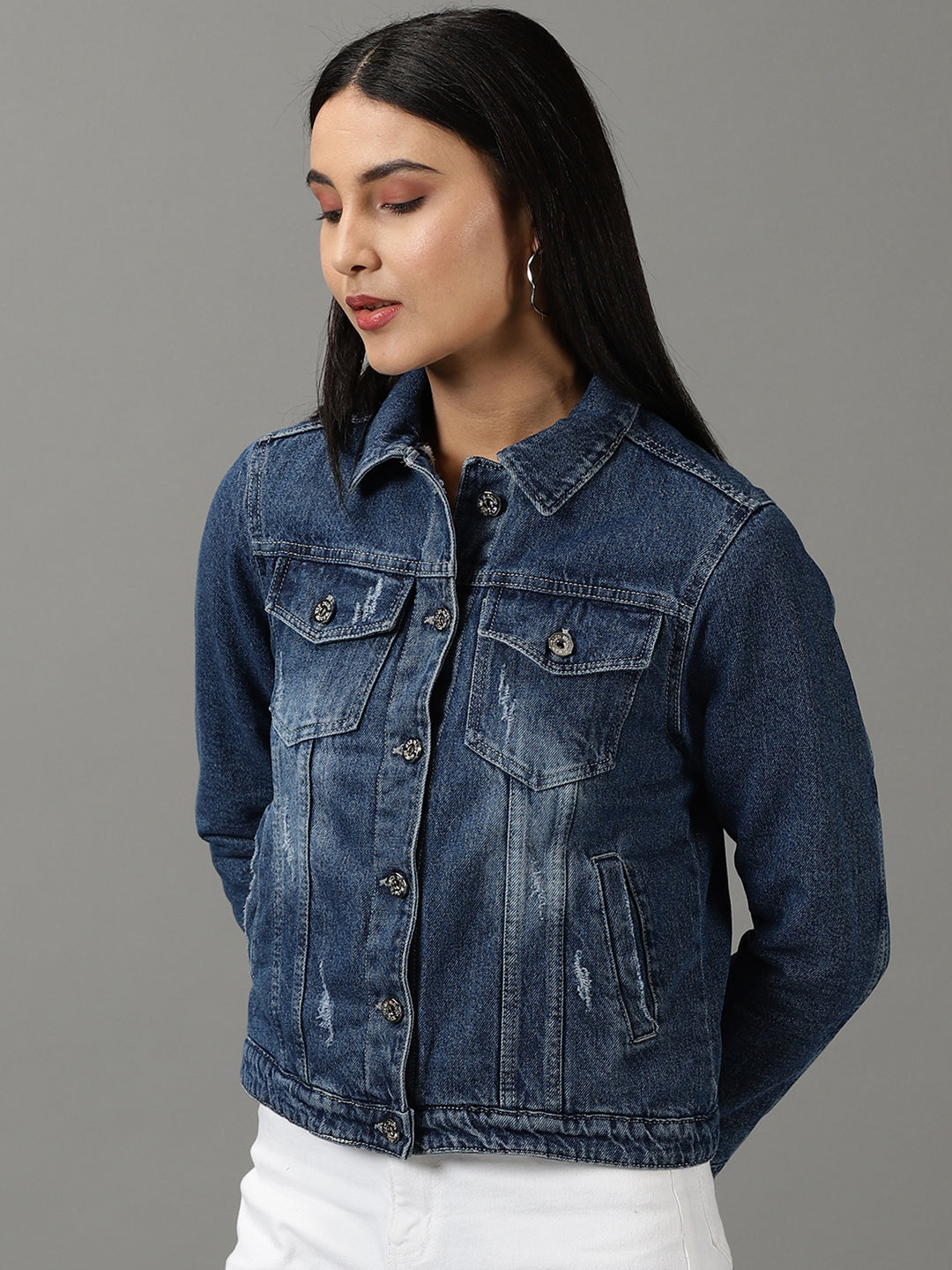 Women's Navy Blue Washed Crop Denim Jacket