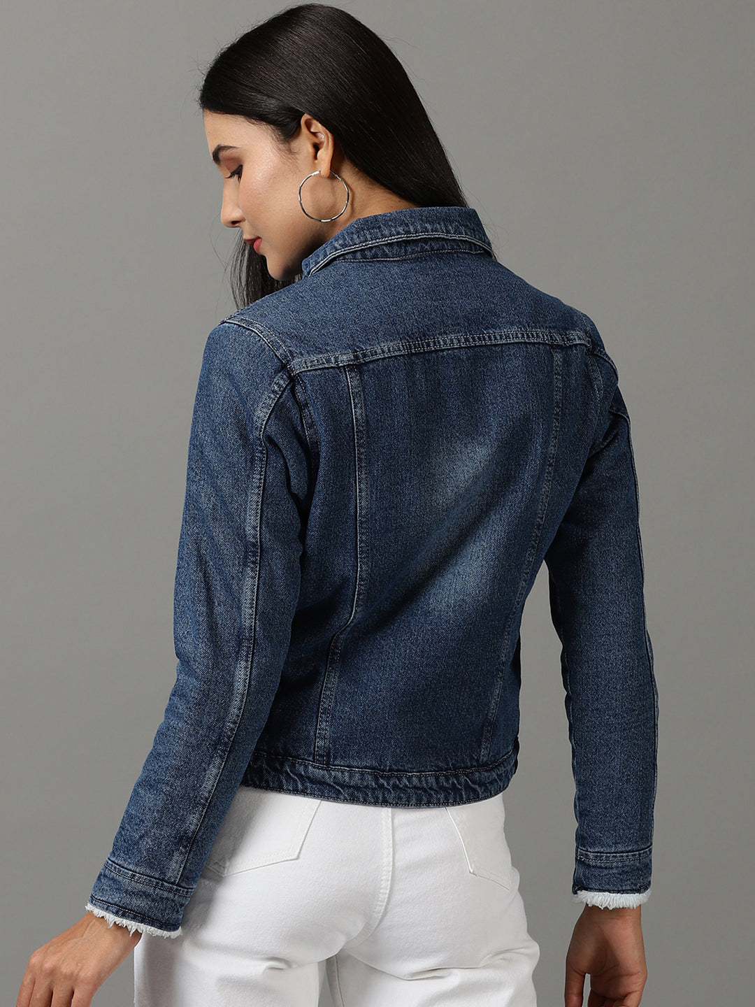 Women's Navy Blue Washed Crop Denim Jacket