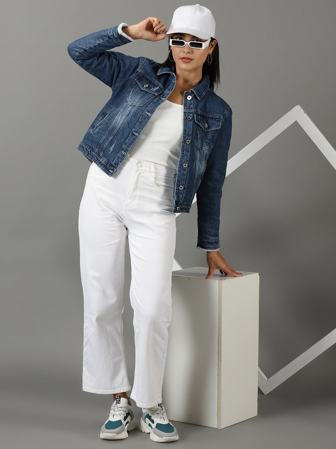 Women's Navy Blue Washed Crop Denim Jacket