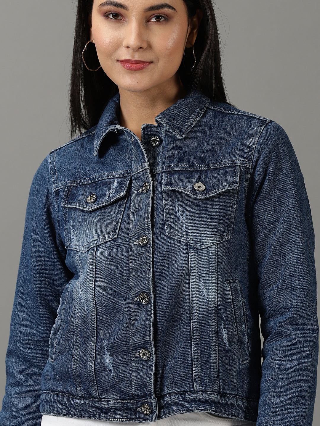 Women's Navy Blue Washed Crop Denim Jacket