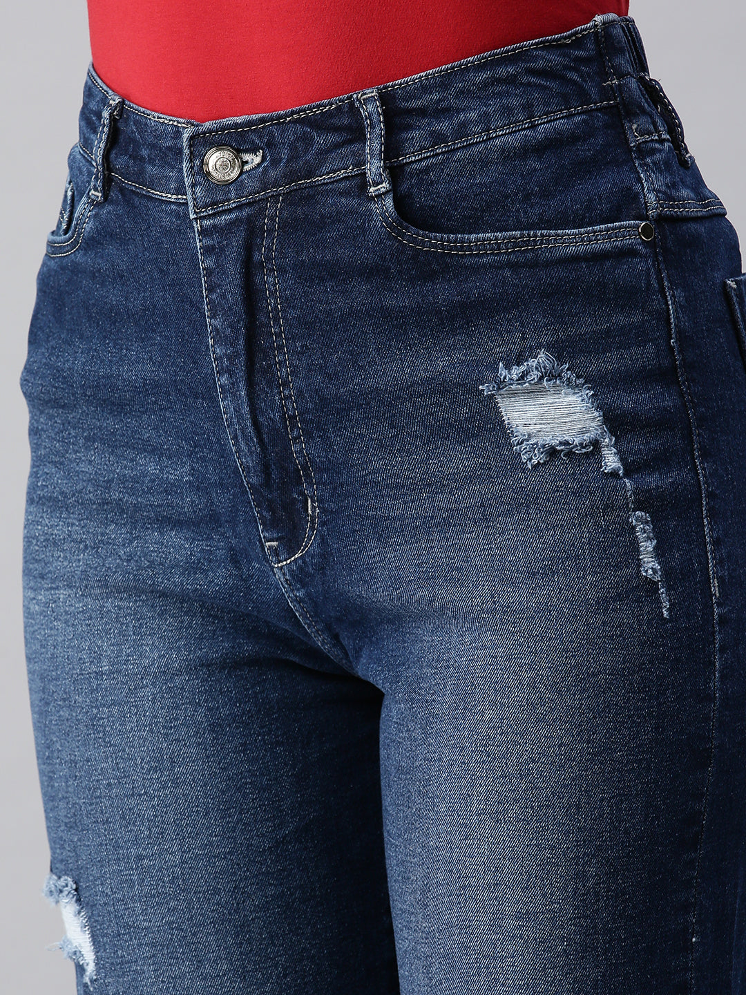 Women's Navy Blue Wide Leg High-Rise Light Fade Stretchable Denim Jeans