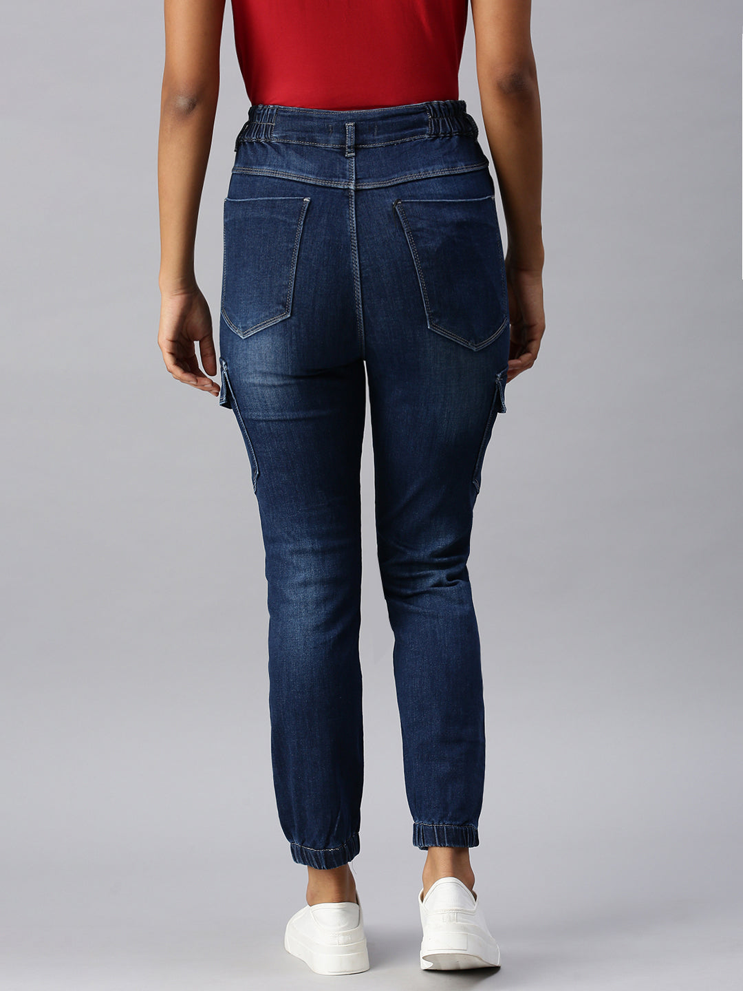 Women's Navy Blue Jogger High-Rise Light Fade Cuffed Hem Stretchable Denim Jeans