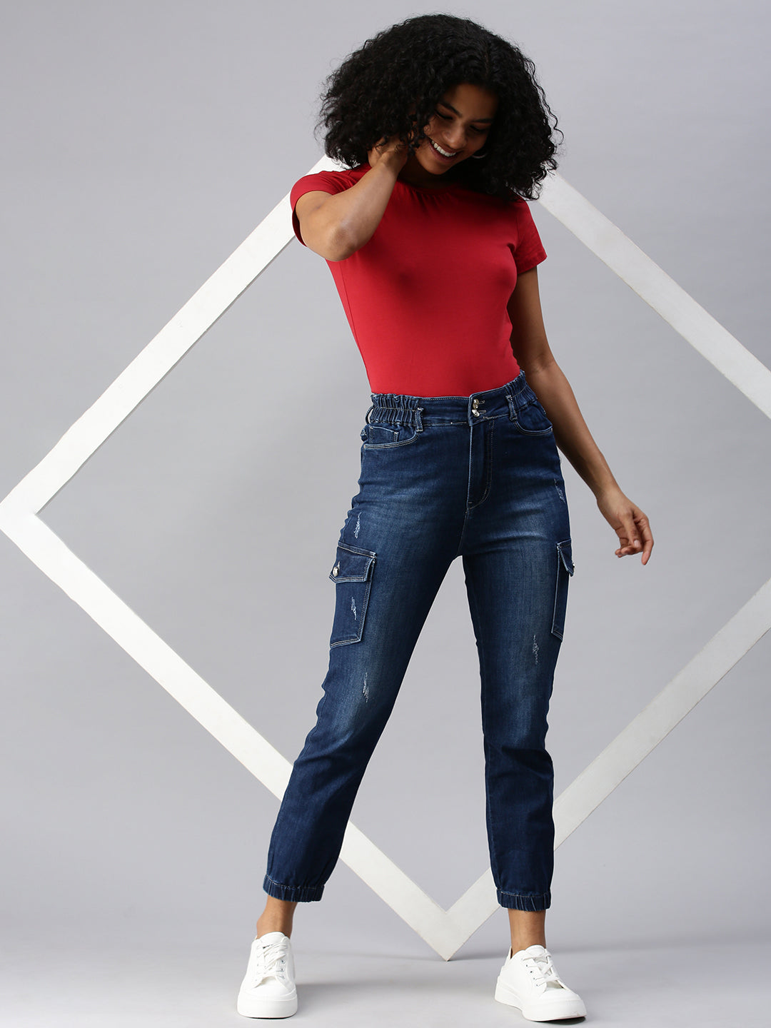 Women's Navy Blue Jogger High-Rise Light Fade Cuffed Hem Stretchable Denim Jeans