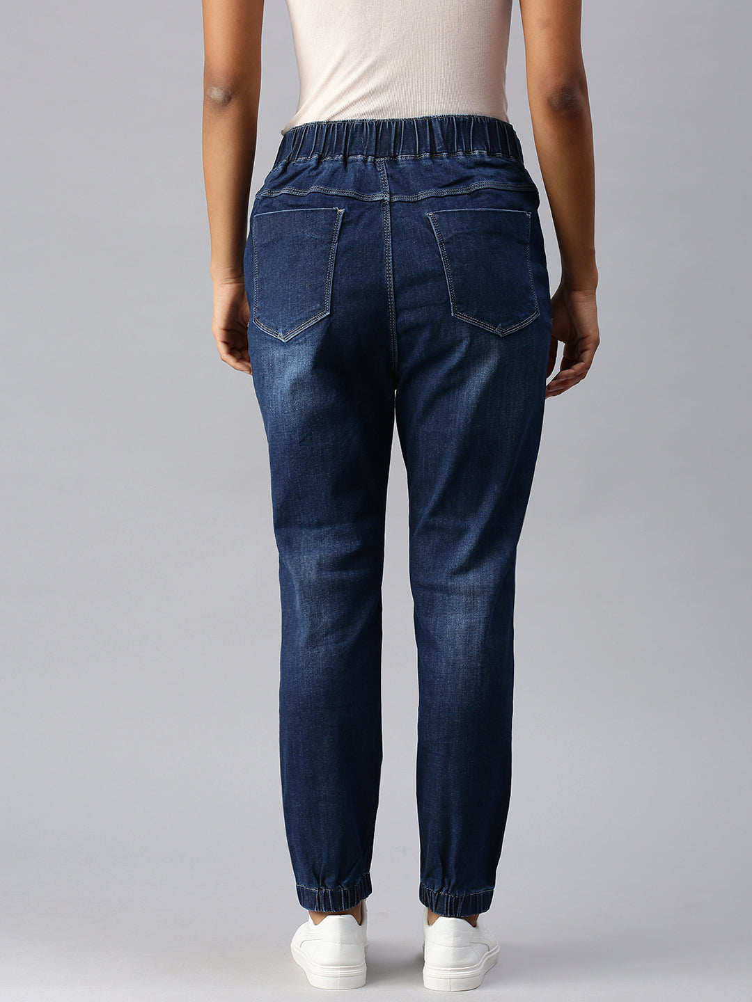 Women's Blue Jogger High-Rise Low Distress Light Fade Cuffed Hem Stretchable Denim Jeans