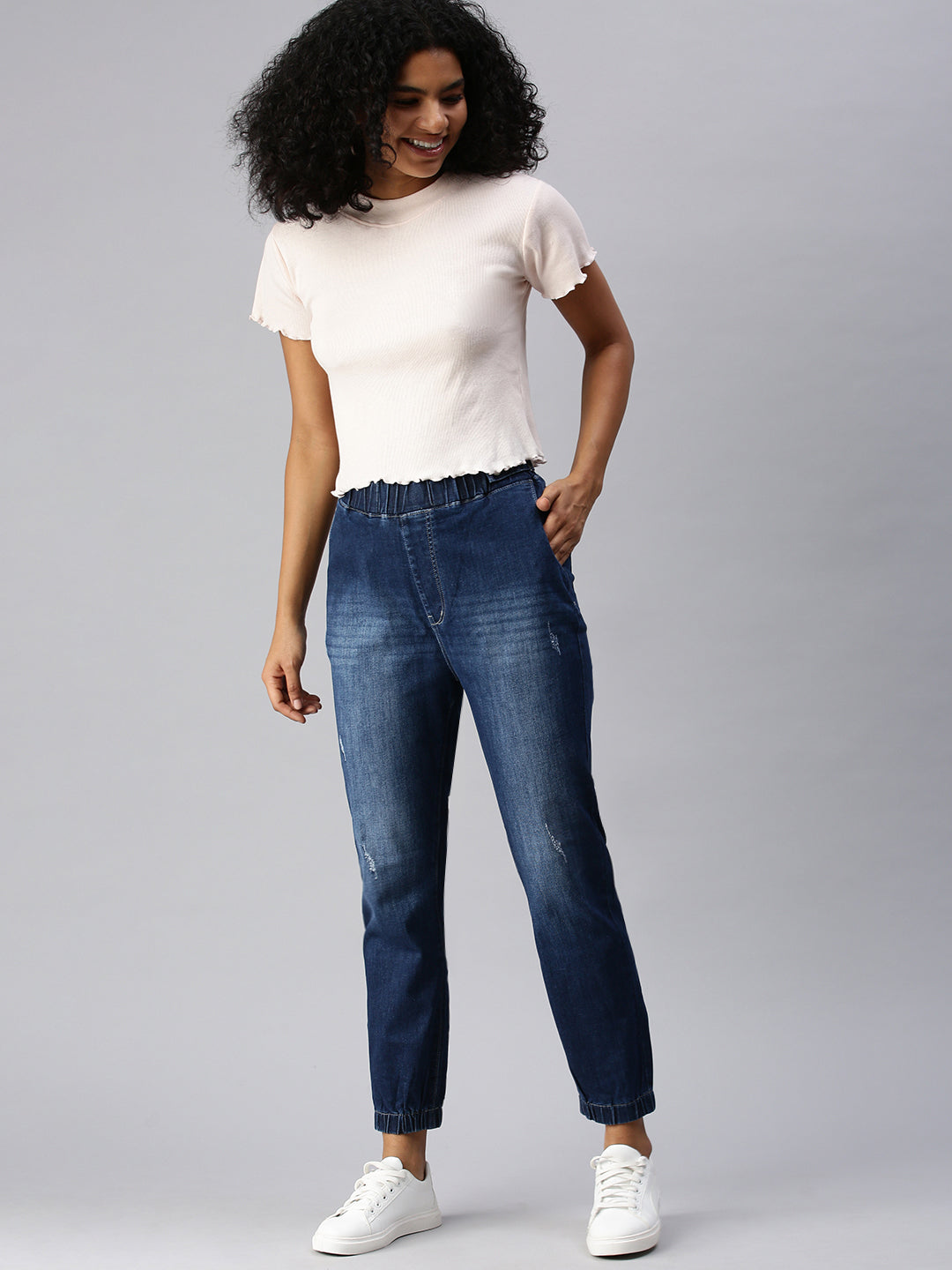 Women's Blue Jogger High-Rise Low Distress Light Fade Cuffed Hem Stretchable Denim Jeans