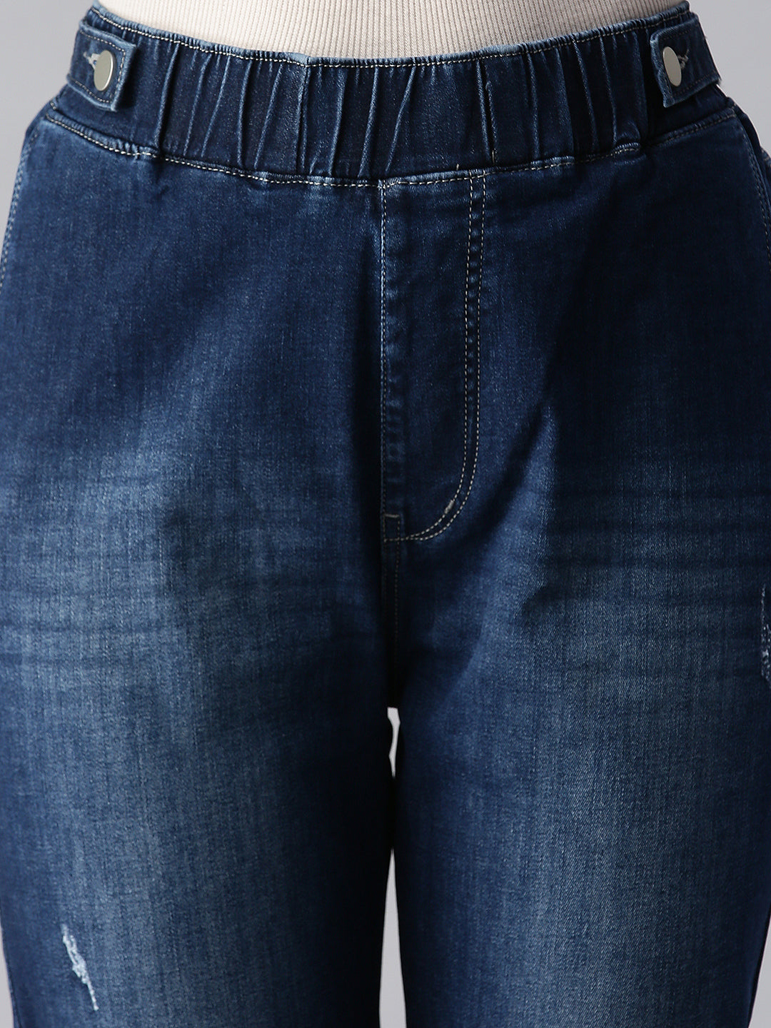 Women's Blue Jogger High-Rise Low Distress Light Fade Cuffed Hem Stretchable Denim Jeans