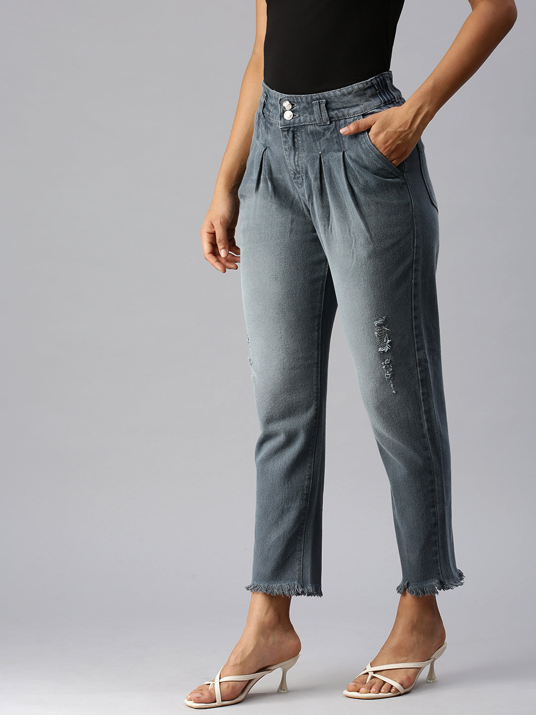 Women's Grey Straight Fit High-Rise Low Distress Heavy Fade Stretchable Denim Jeans