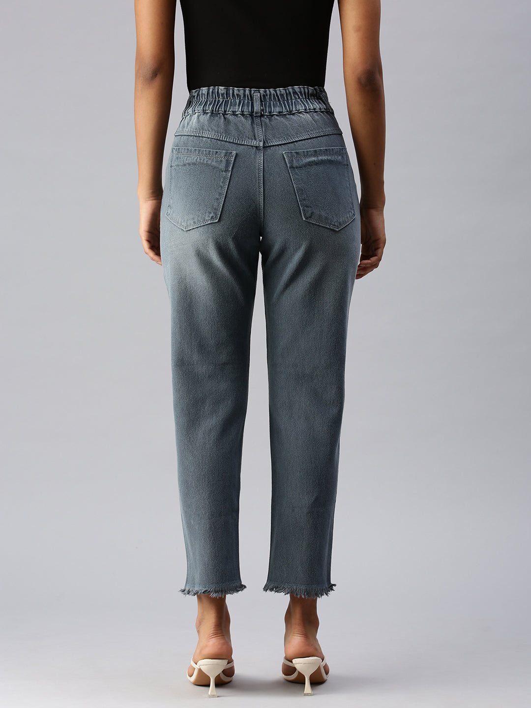Women's Grey Straight Fit High-Rise Low Distress Heavy Fade Stretchable Denim Jeans