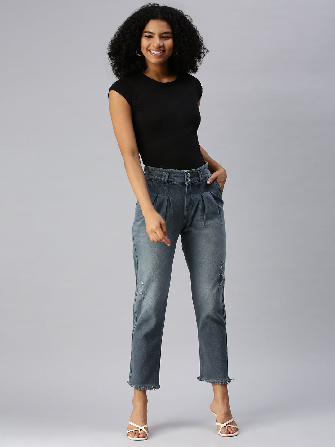 Women's Grey Straight Fit High-Rise Low Distress Heavy Fade Stretchable Denim Jeans