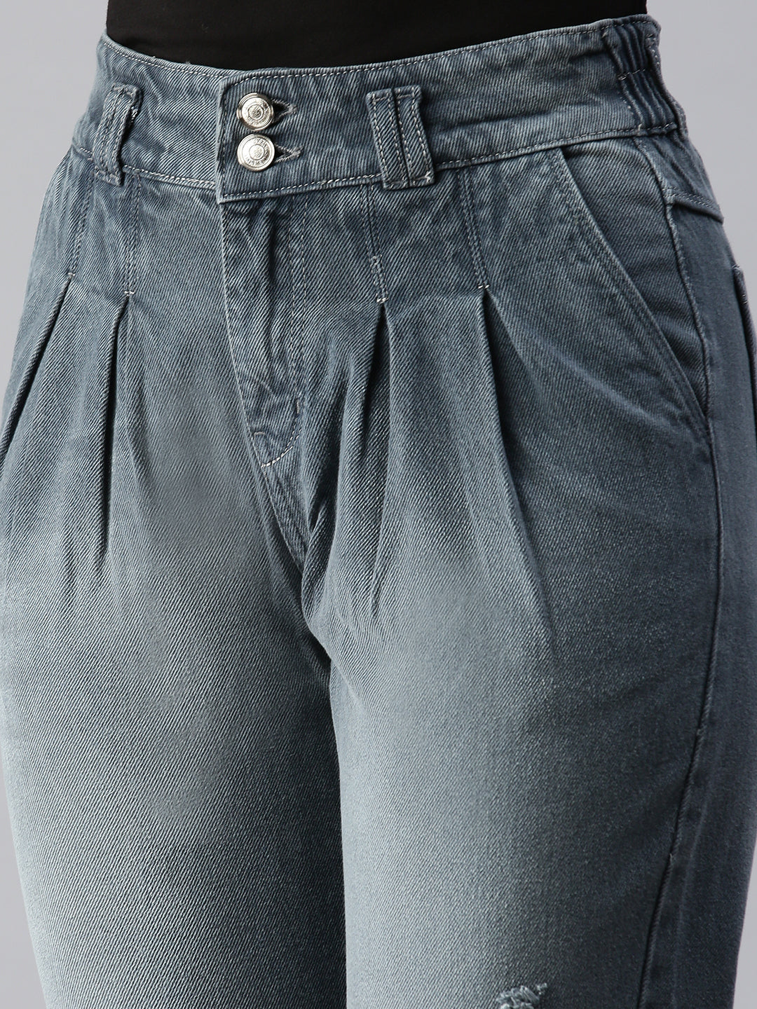 Women's Grey Straight Fit High-Rise Low Distress Heavy Fade Stretchable Denim Jeans