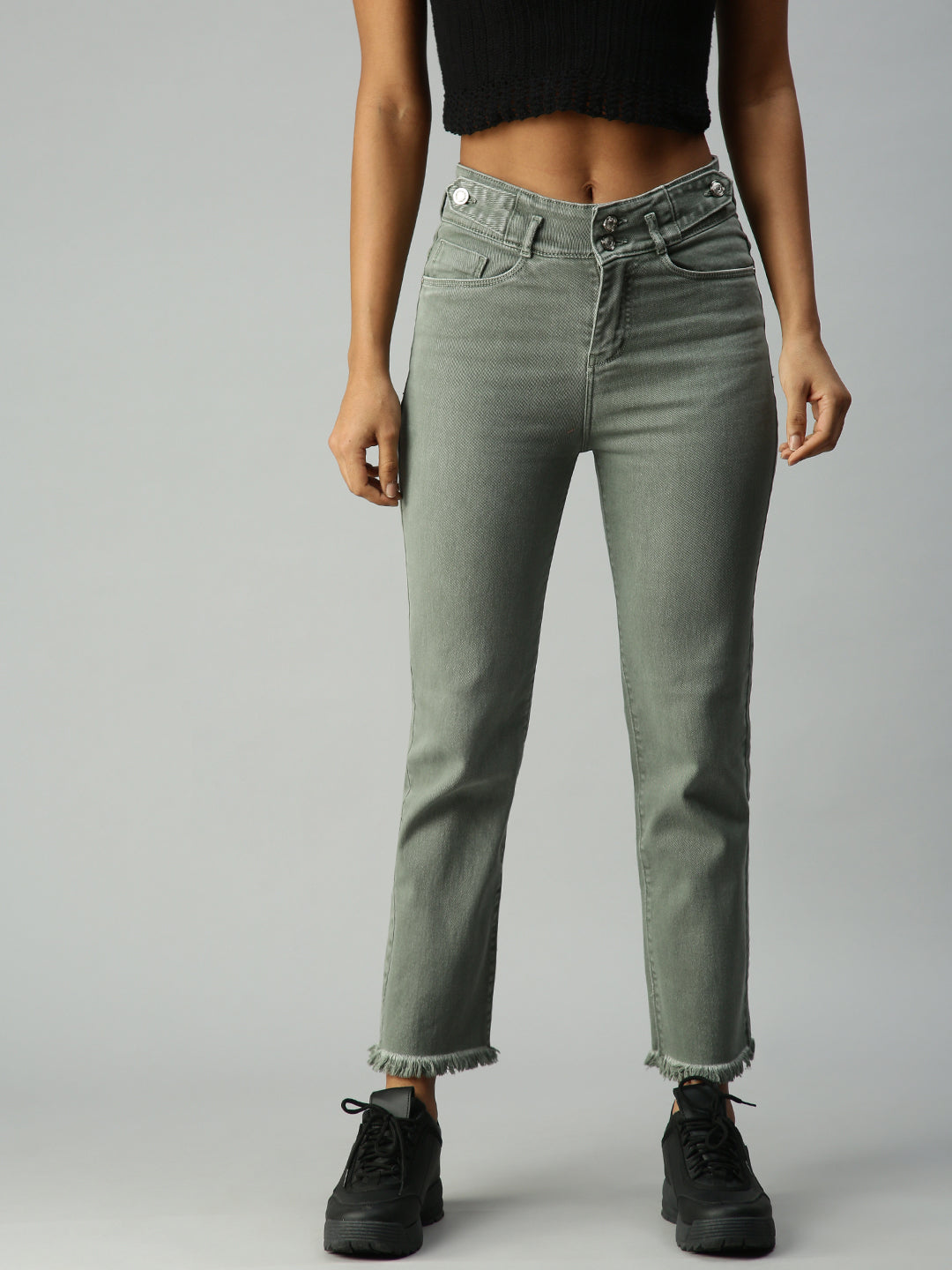 Women's Olive Solid Denim Straight Jeans