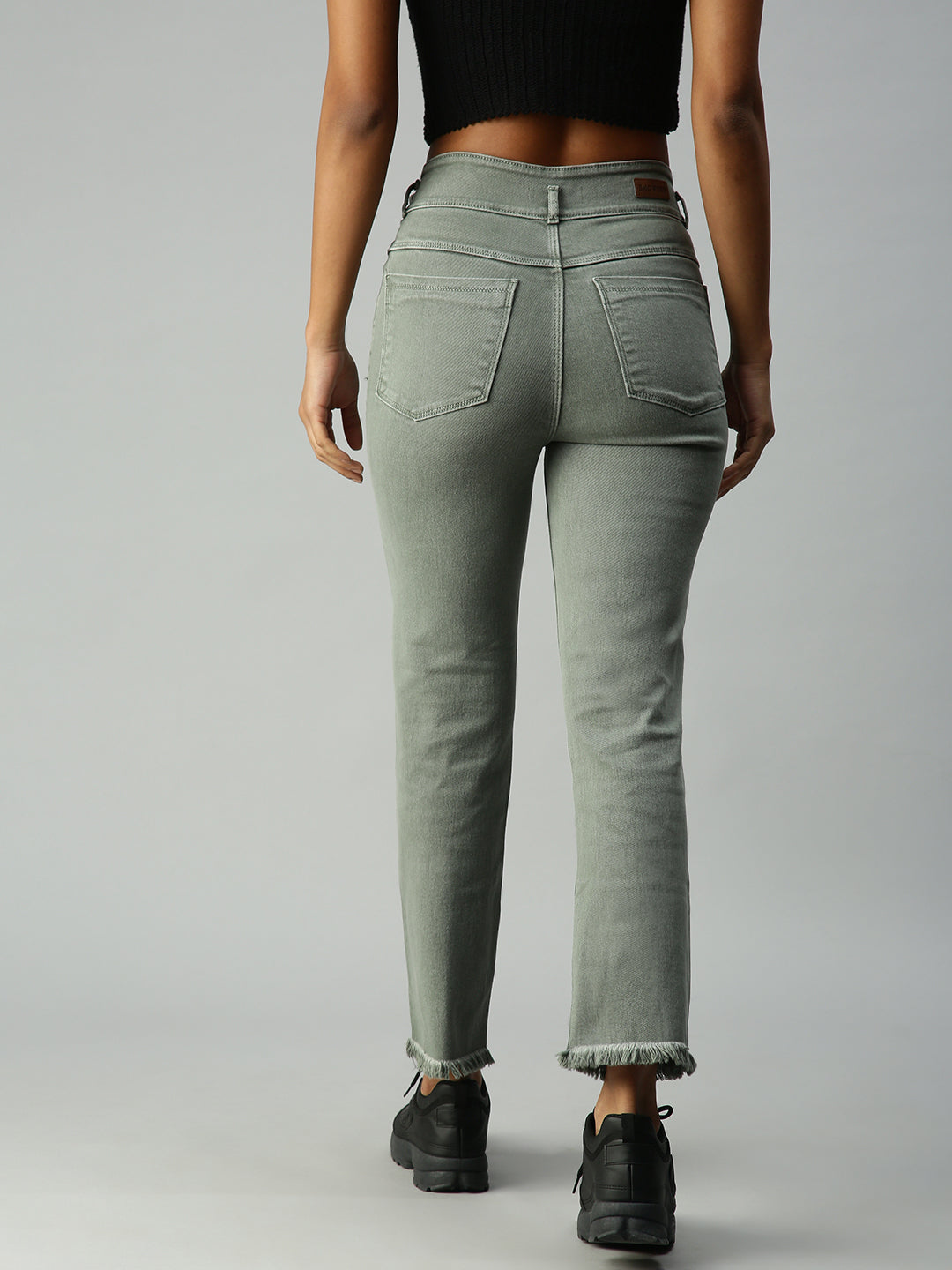 Women's Olive Solid Denim Straight Jeans