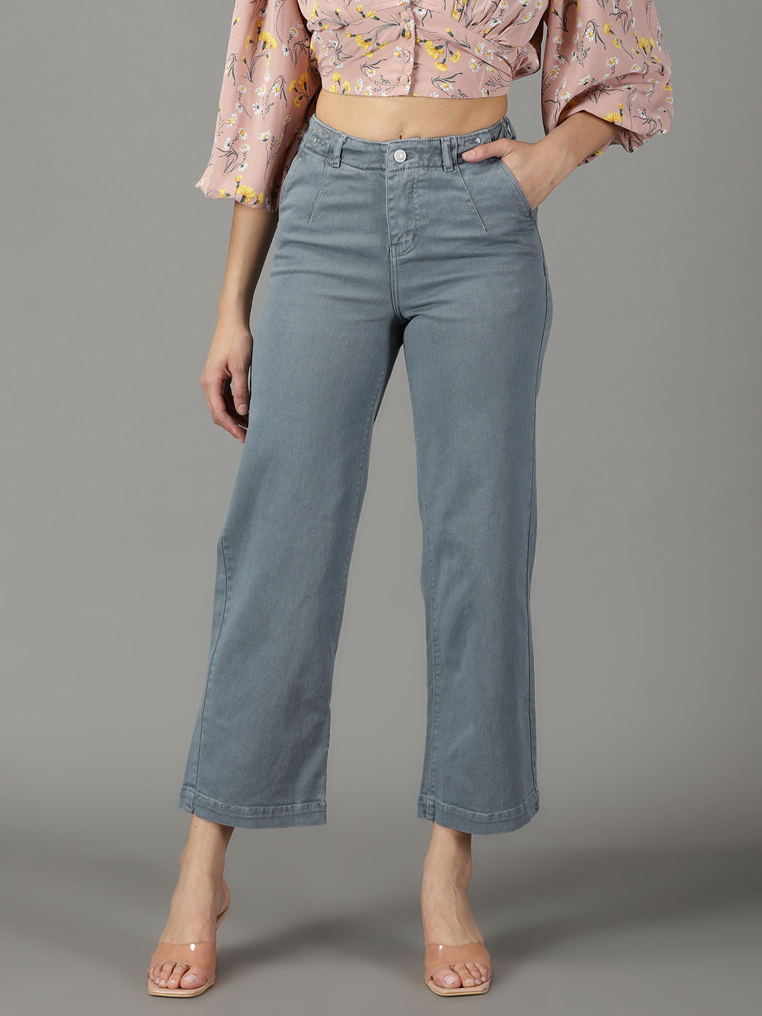 Women's Grey Solid Wide Leg Denim Jeans