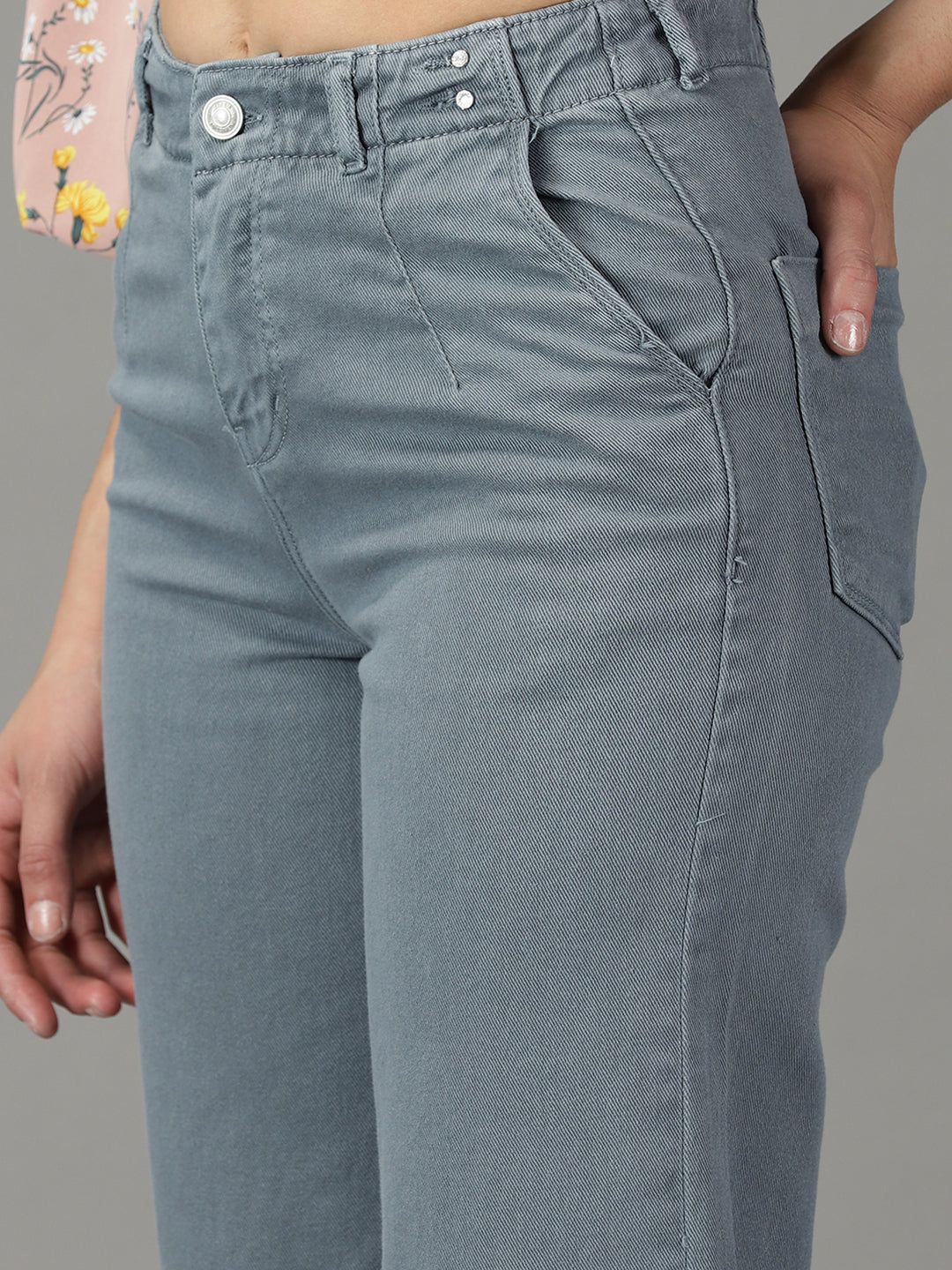 Women's Grey Solid Wide Leg Denim Jeans