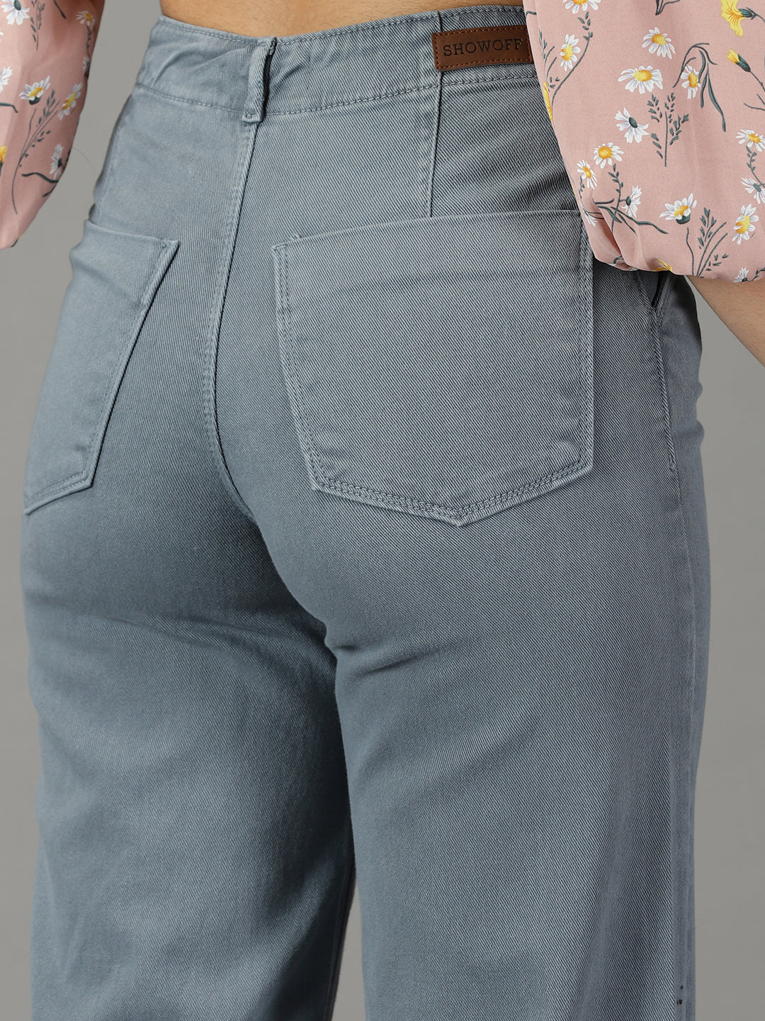 Women's Grey Solid Wide Leg Denim Jeans