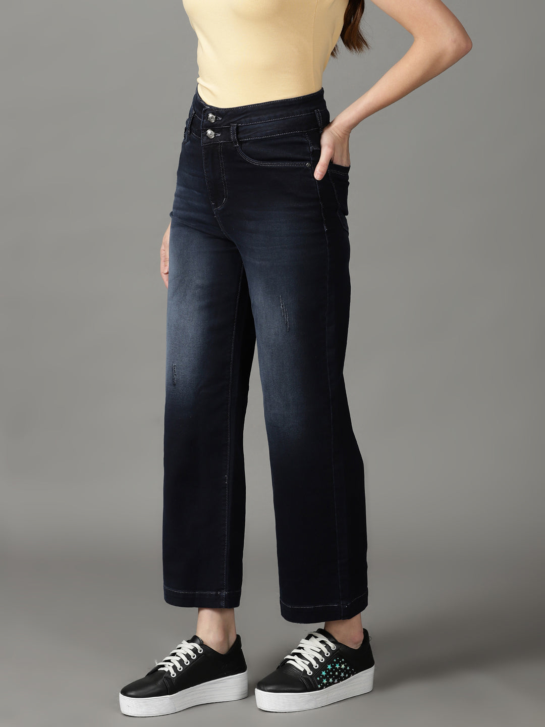 Women's Navy Blue Solid Straight Fit Denim Jeans