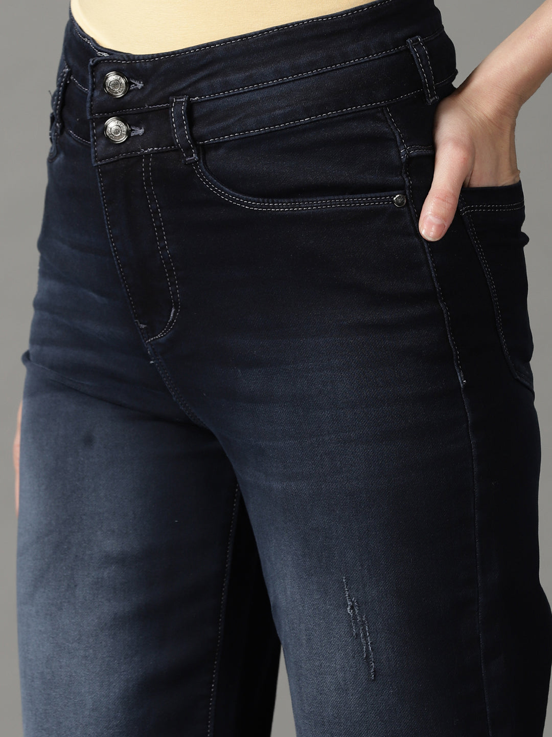 Women's Navy Blue Solid Straight Fit Denim Jeans