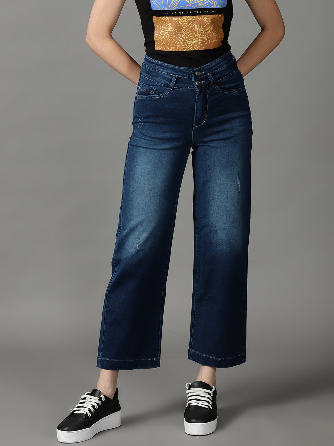 Women's Navy Blue Solid Straight Fit Denim Jeans