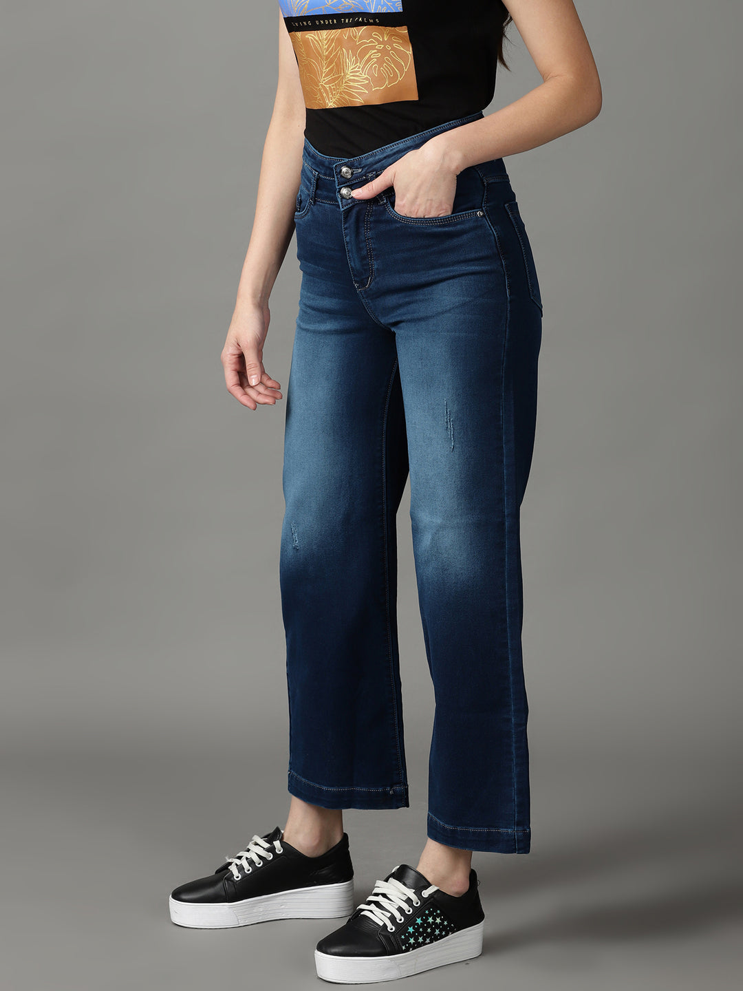 Women's Navy Blue Solid Straight Fit Denim Jeans