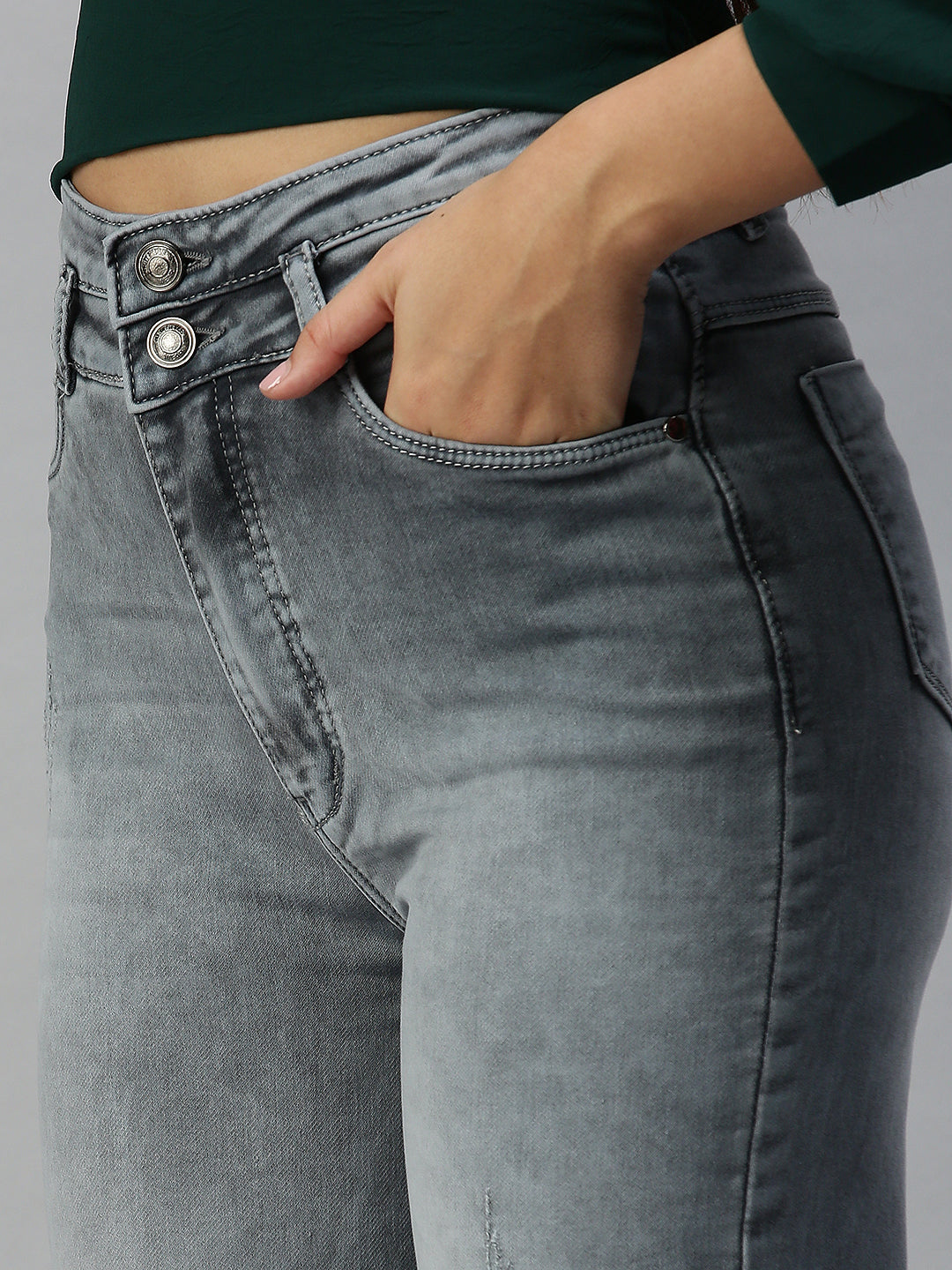 Women's Grey Wide Leg High-Rise Heavy Fade Stretchable Denim Jeans