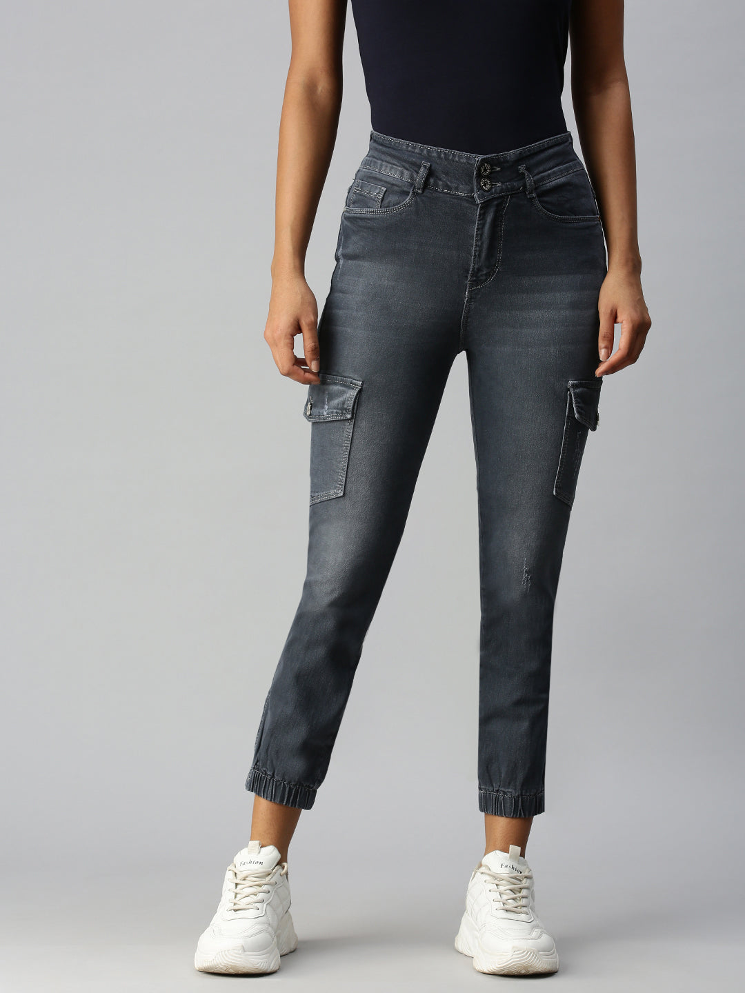 Women's Grey Solid Denim Jeans