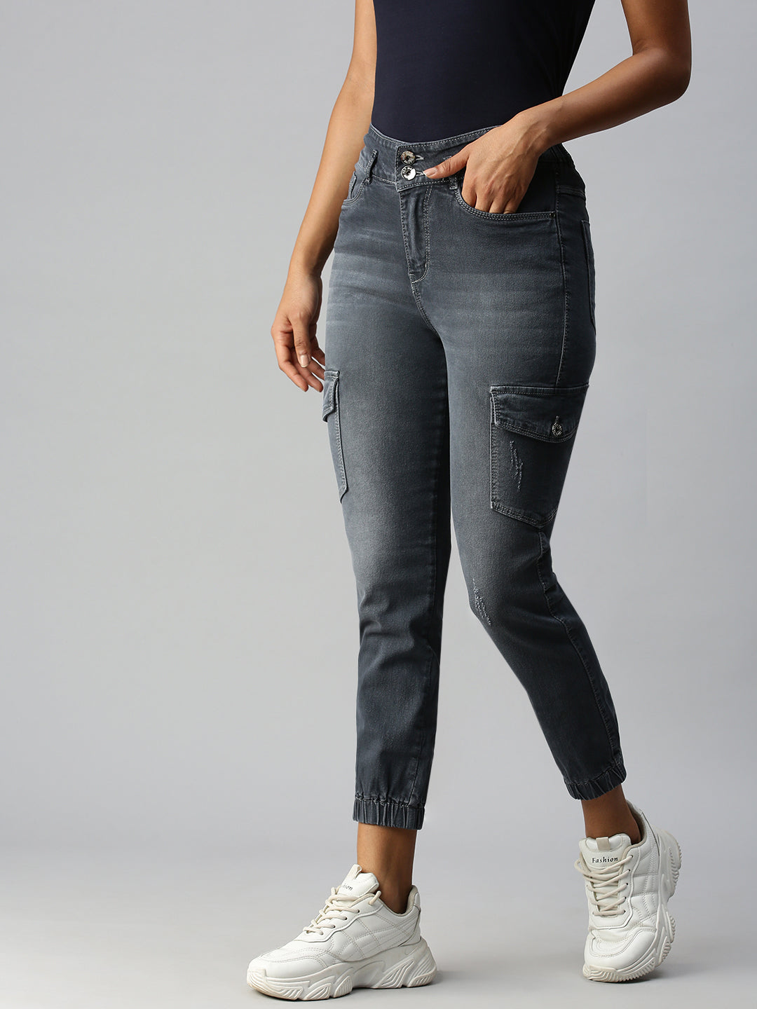 Women's Grey Solid Denim Jeans