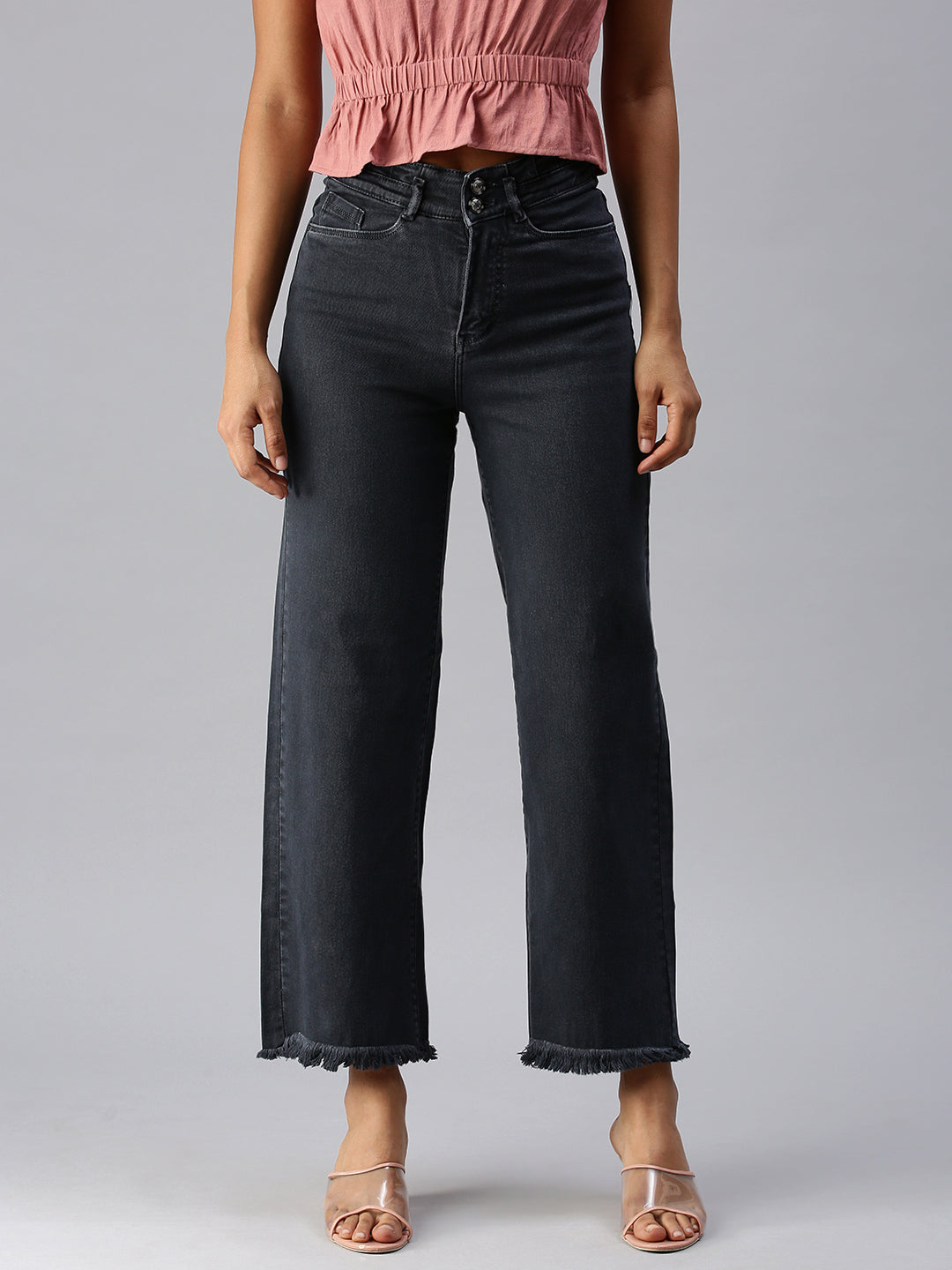 Women's Grey Wide Leg High-Rise Stretchable Denim Jeans