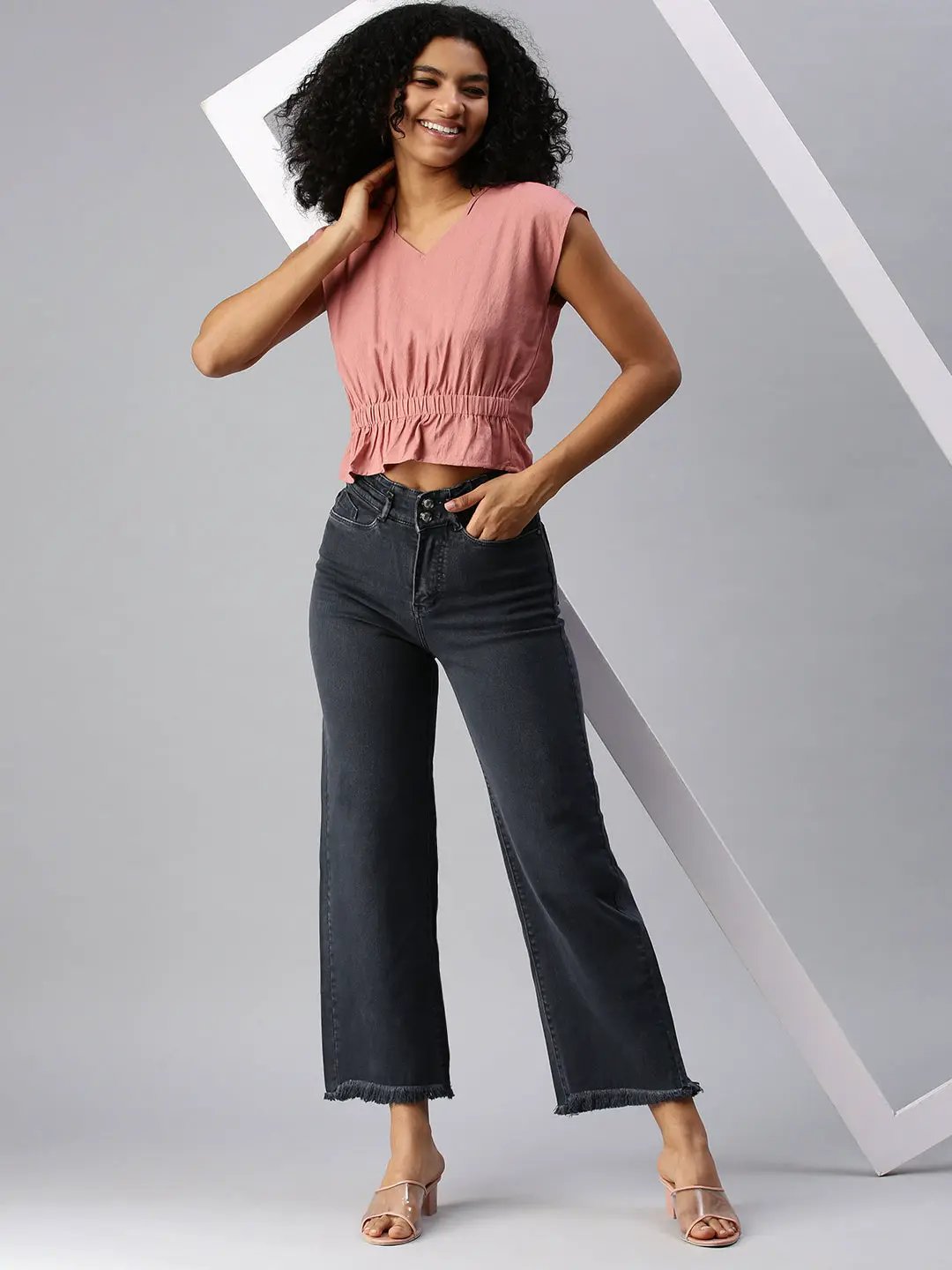 Women's Grey Wide Leg High-Rise Stretchable Denim Jeans