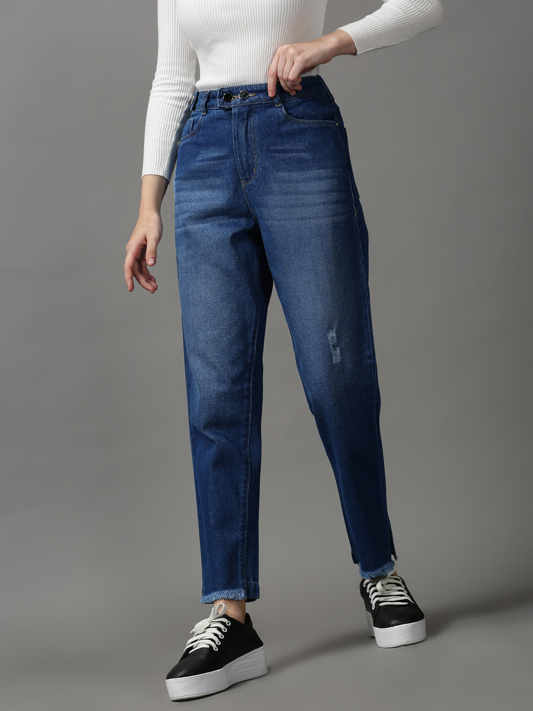 Women's Blue Solid Boyfriend Fit Denim Jeans