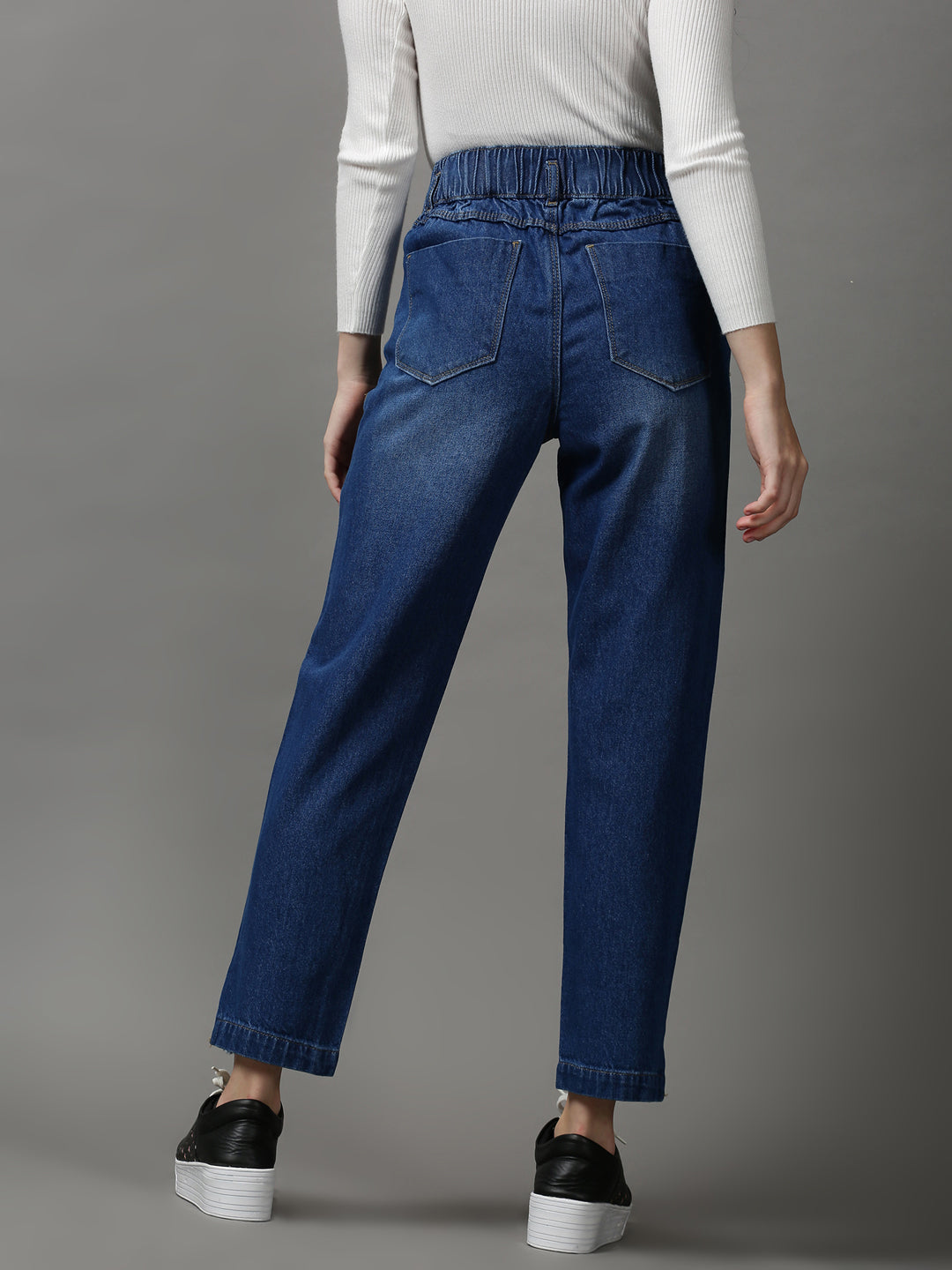 Women's Blue Solid Boyfriend Fit Denim Jeans