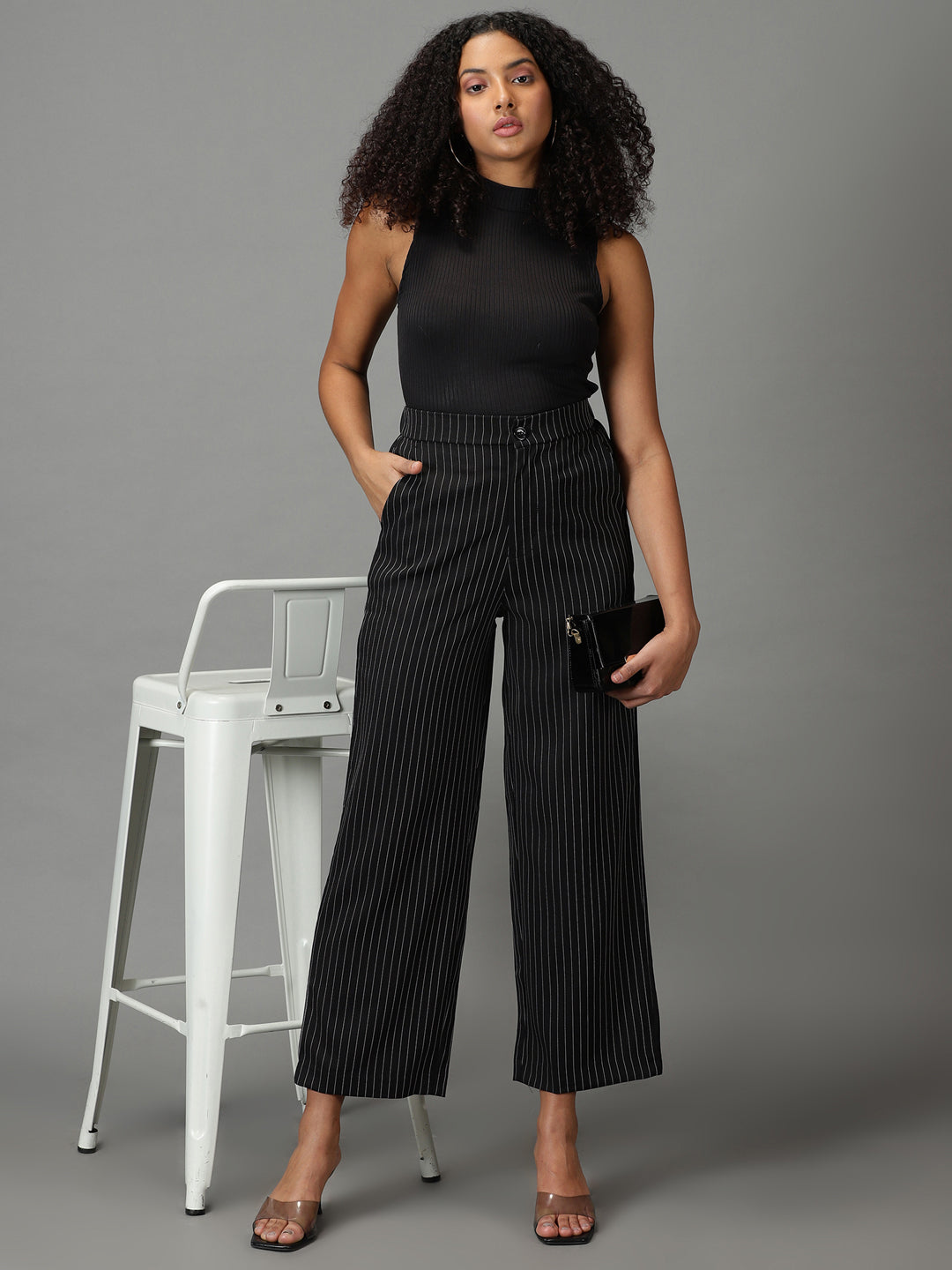 Women's Black Striped Formal Trouser