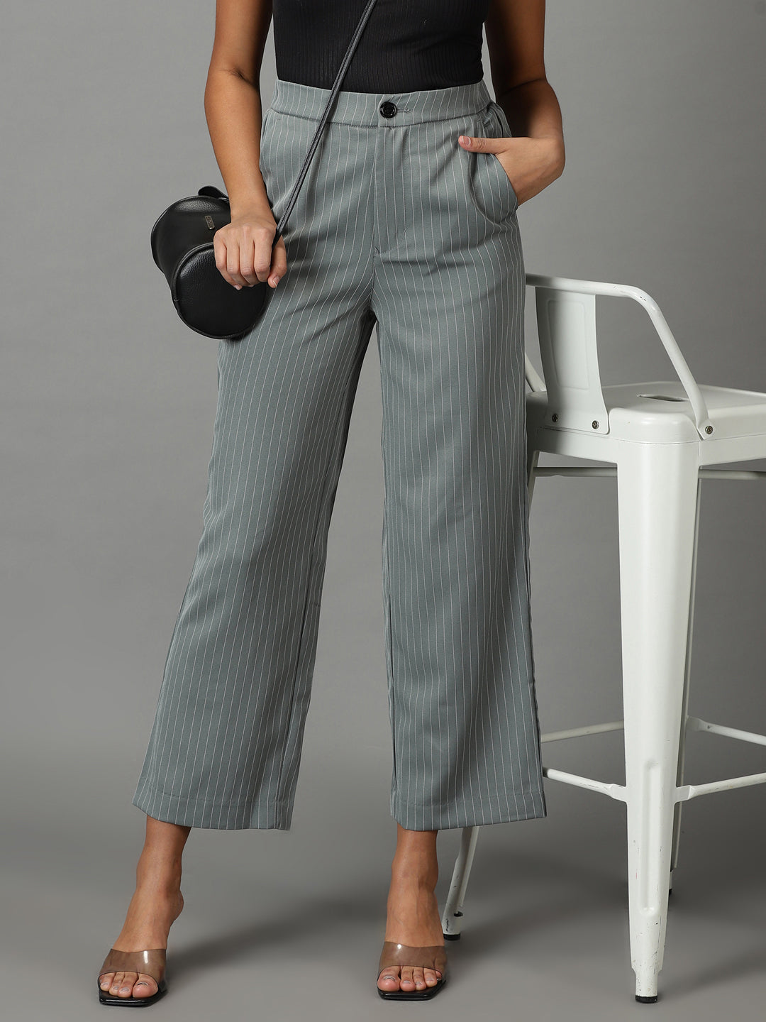 Women's Olive Striped Formal Trouser