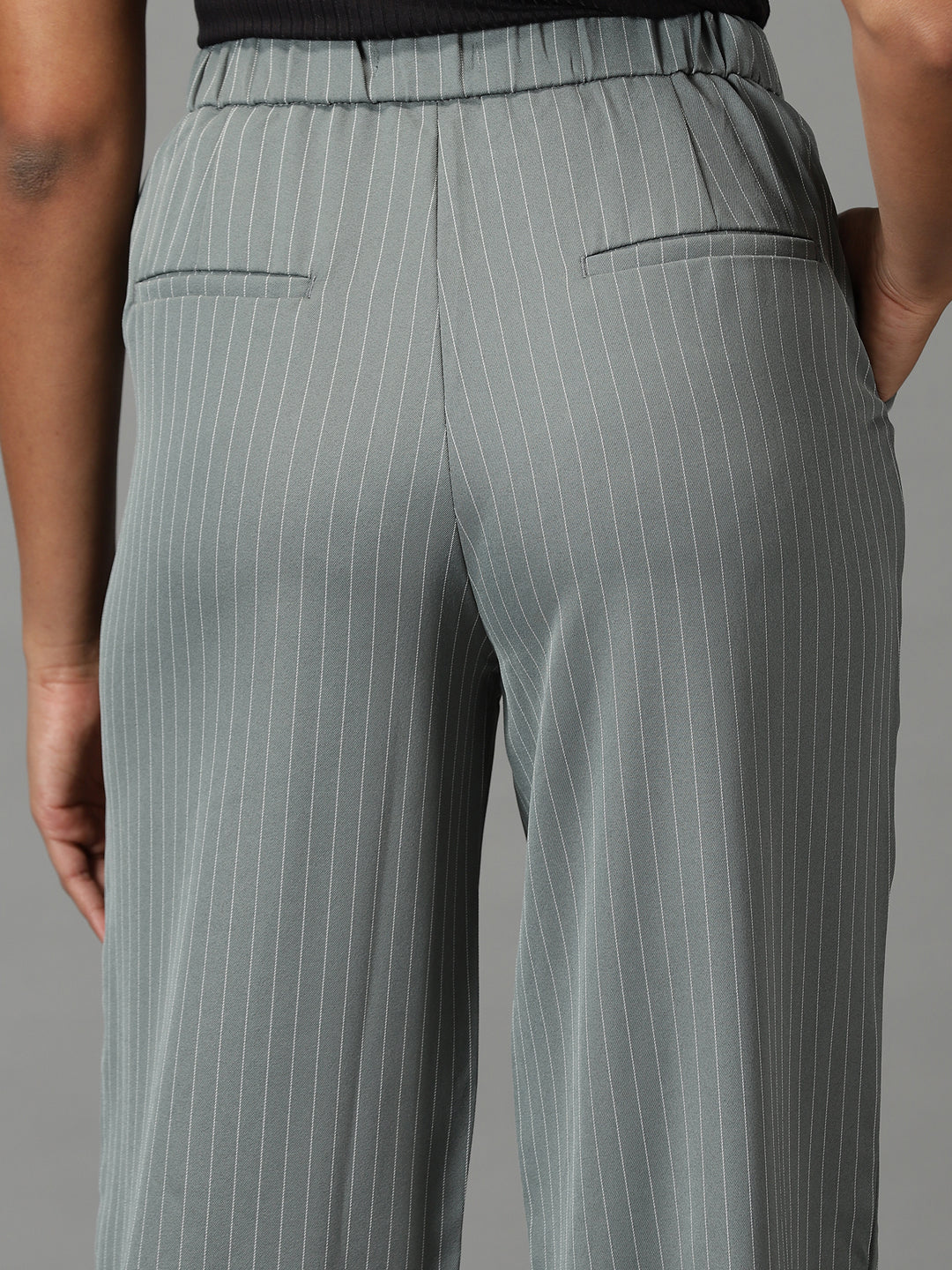 Women's Olive Striped Formal Trouser