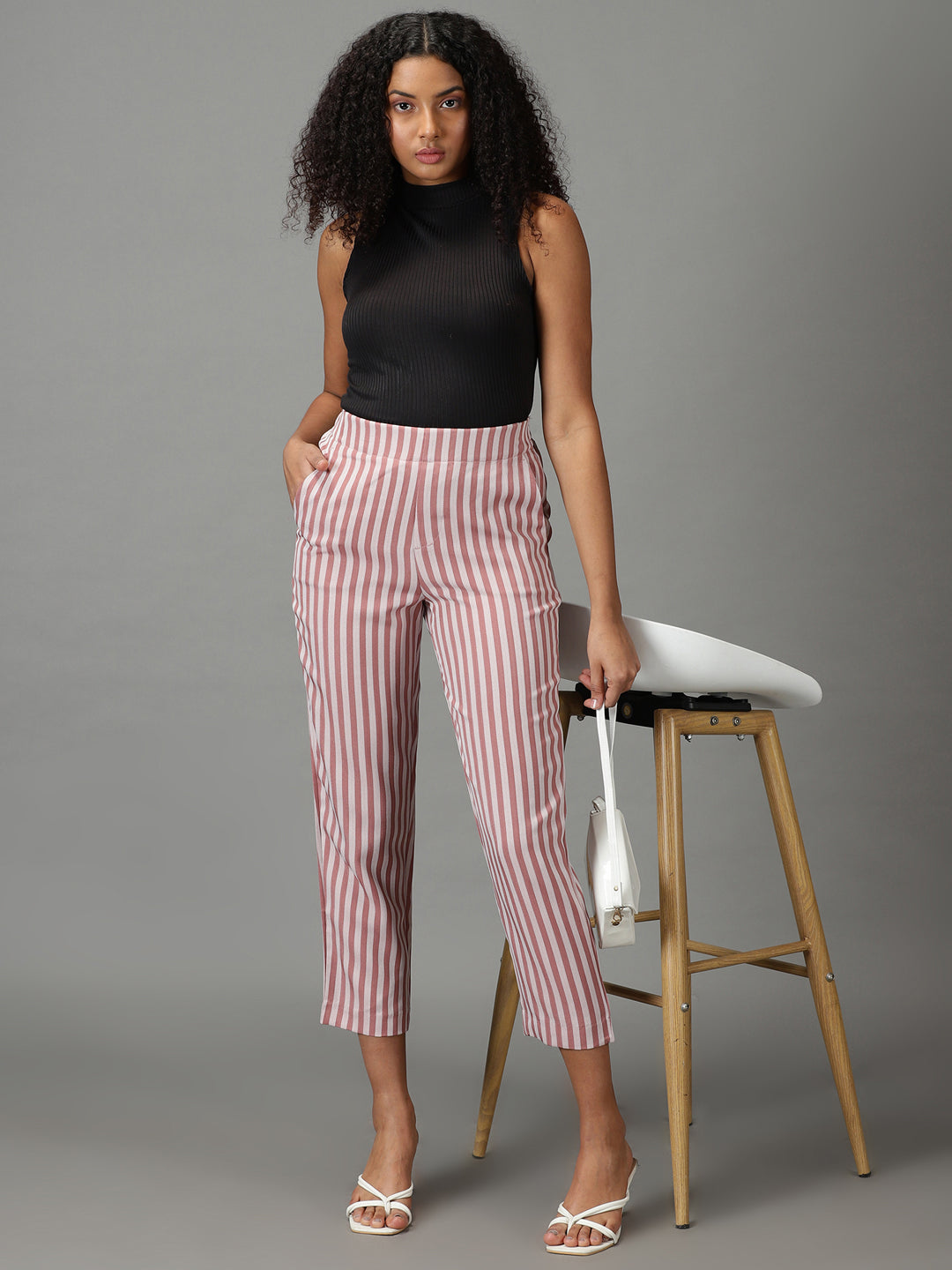 Women's Mauve Striped Formal Trouser