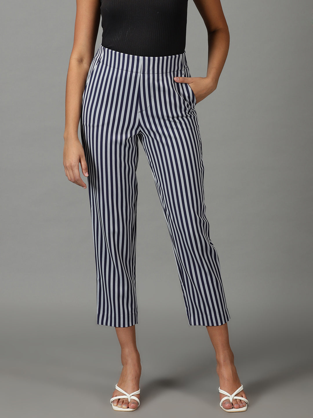 Women's Navy Blue Striped Formal Trouser