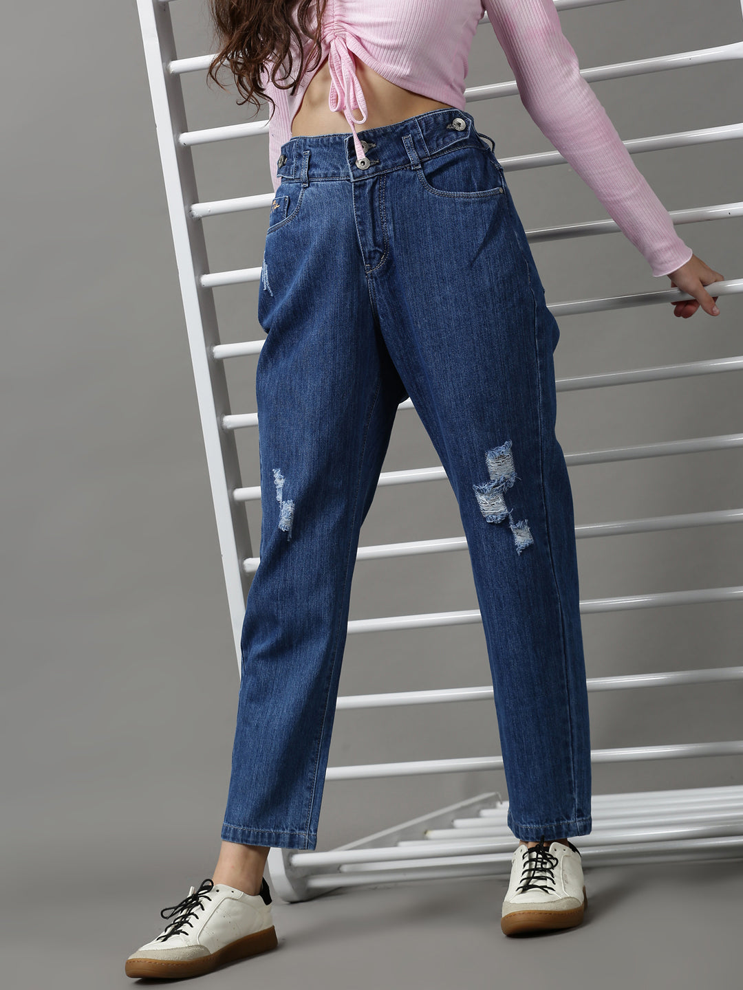 Women's Blue Solid Mom Fit Denim Jeans