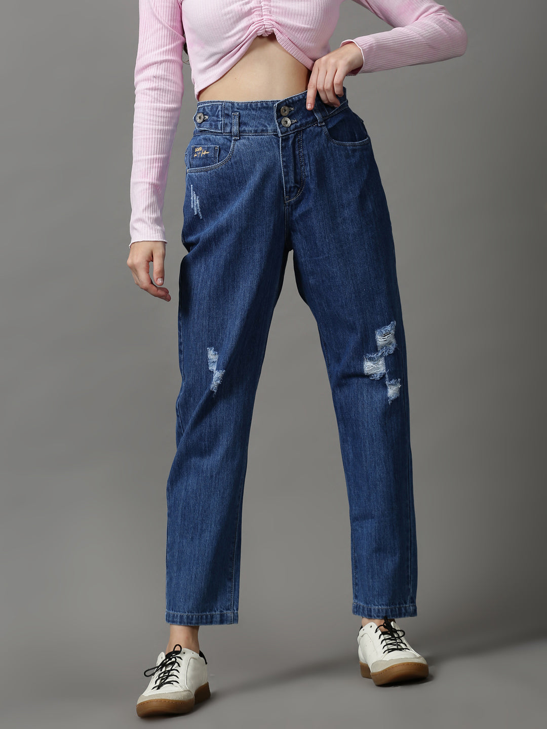 Women's Blue Solid Mom Fit Denim Jeans