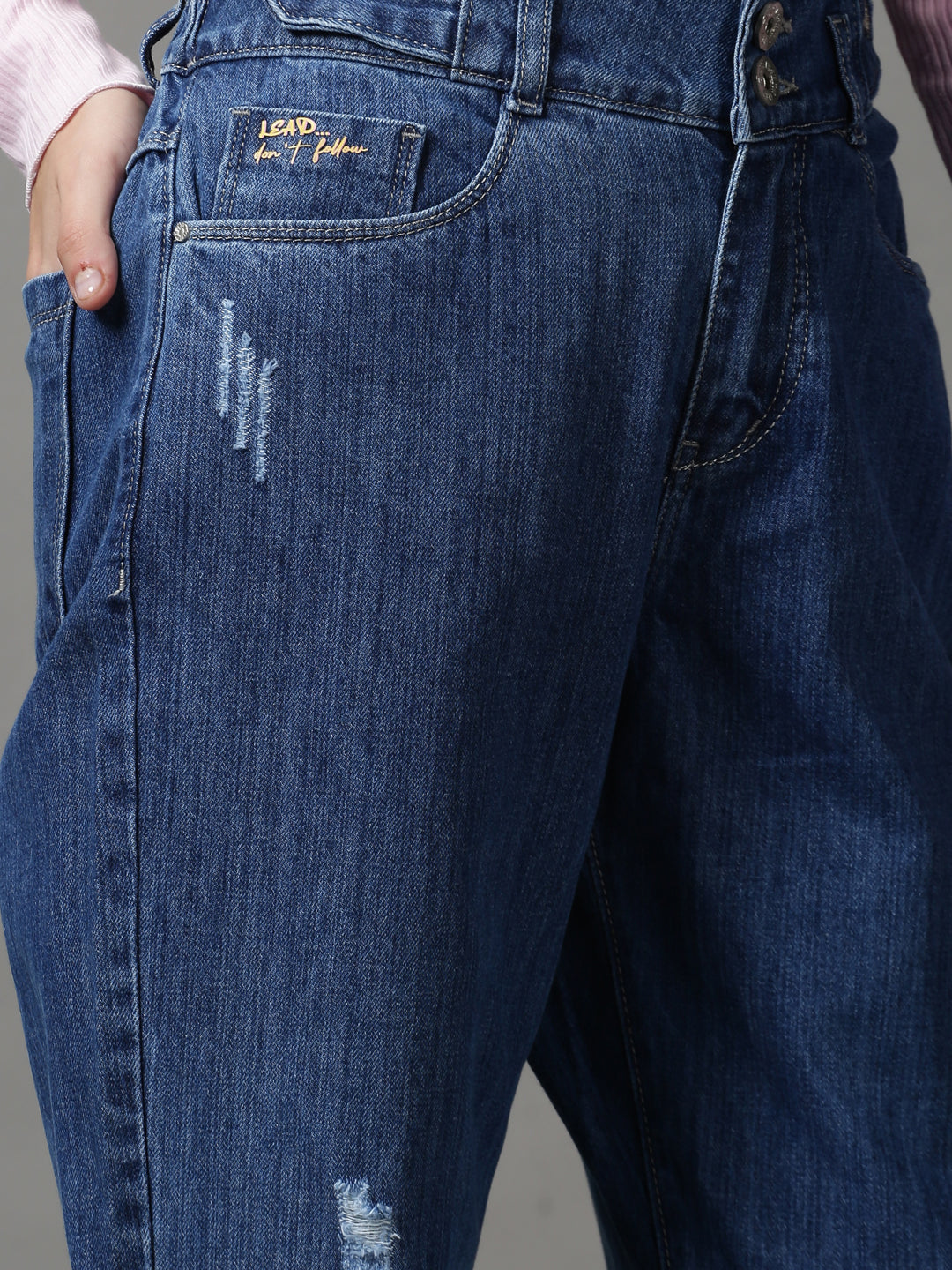 Women's Blue Solid Mom Fit Denim Jeans