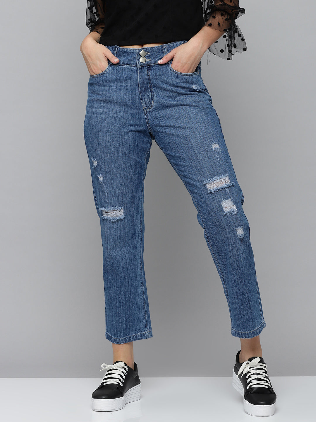 Women's Blue Jean Relaxed Fit High-Rise Mildly Distressed Light Fade Stretchable Jeans