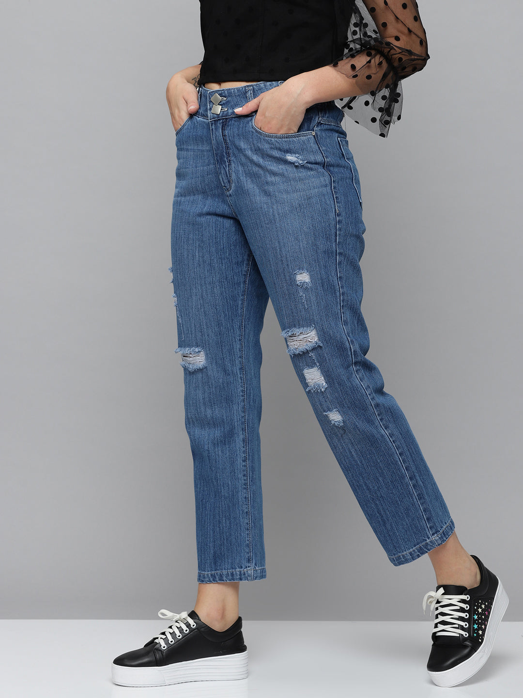 Women's Blue Jean Relaxed Fit High-Rise Mildly Distressed Light Fade Stretchable Jeans