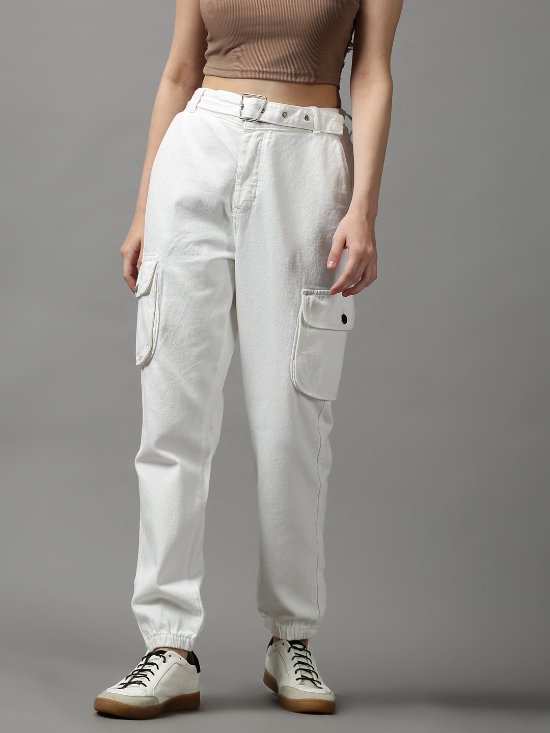 Women's White Solid Jogger Denim Jeans