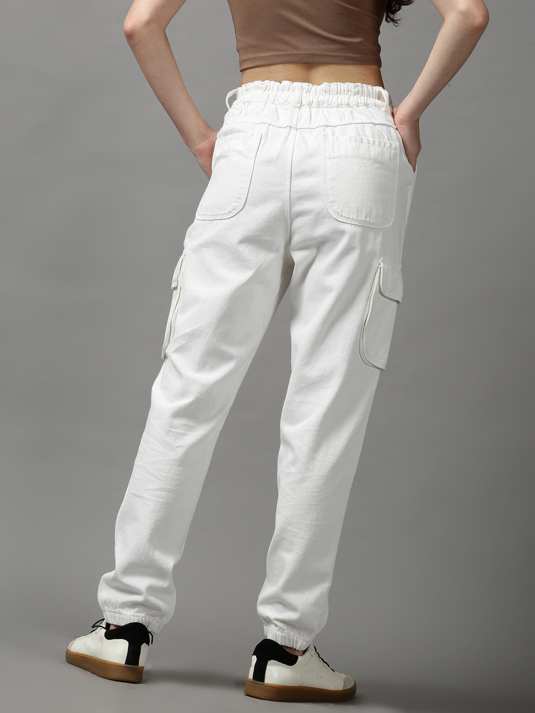 Women's White Solid Jogger Denim Jeans